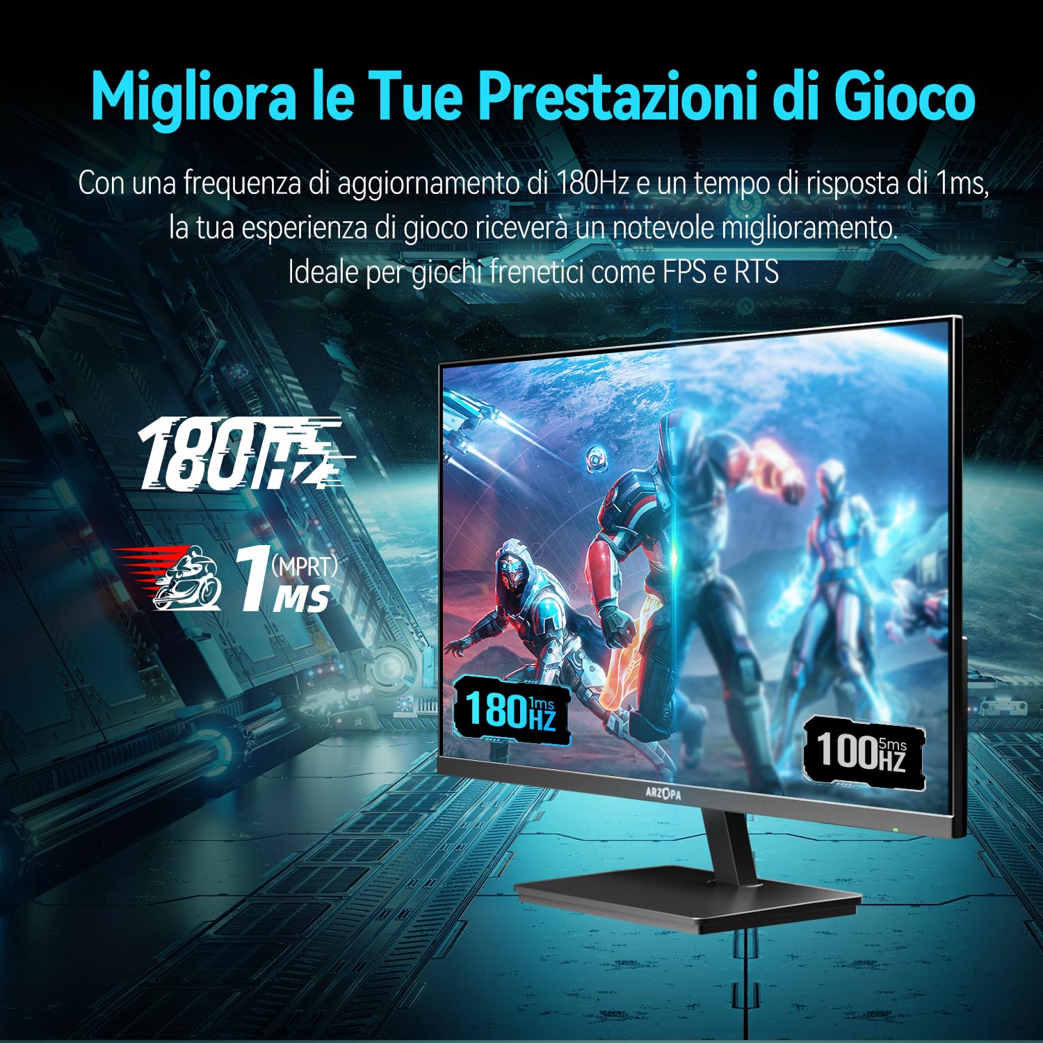 ARZOPA Monitor Gaming 27 Pollici 180Hz 2K QHD IPS 2560x1440 Schermo PC Gaming 1ms 115% sRGB, Eye Care, Compatible G-Sync, AMD FreeSync, Display Port1.4, HDMI 2.0, TYPE-C