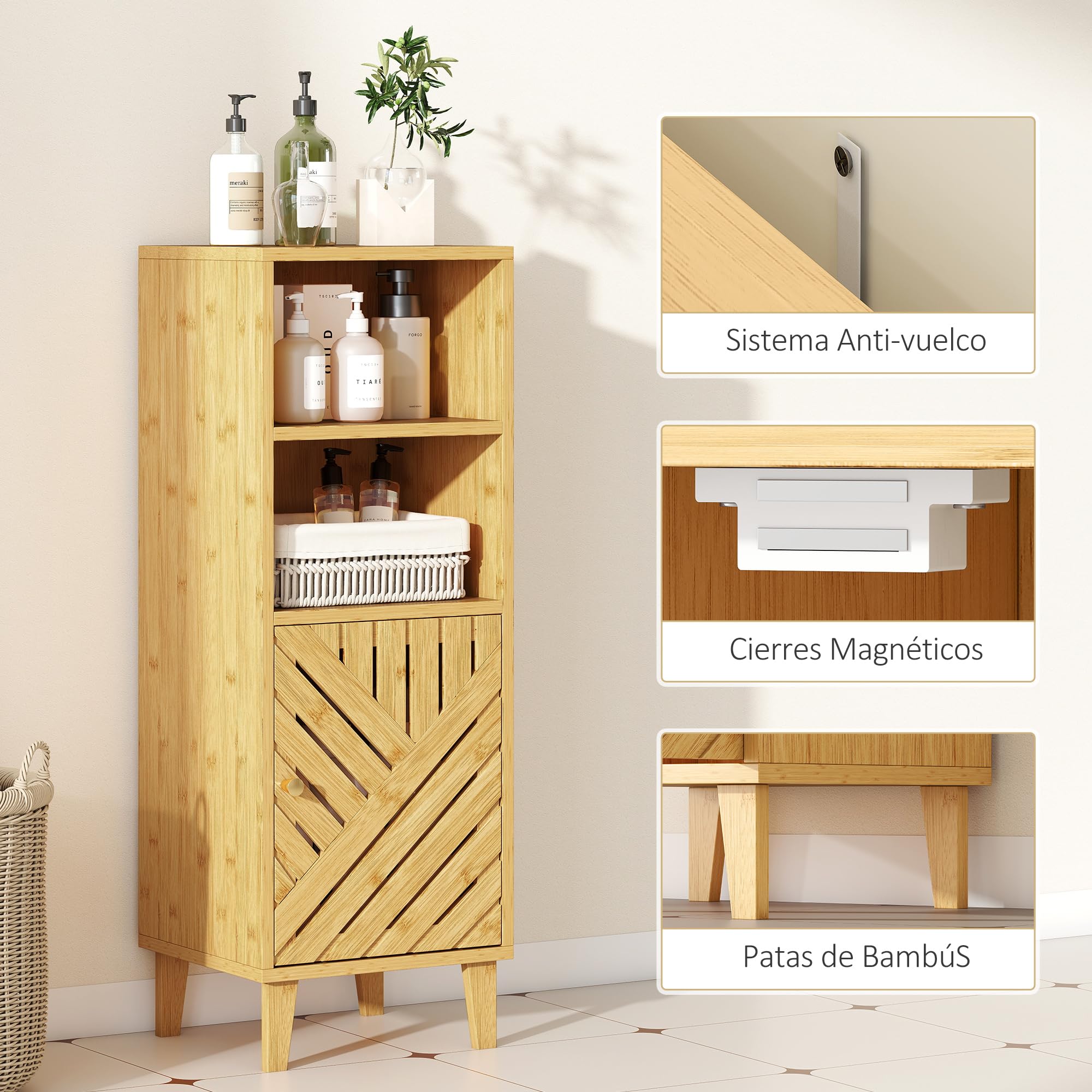 HOMCOM Armario de Baño Estrecho Puerta Patas de Bambú 32x30x90 cm Natural