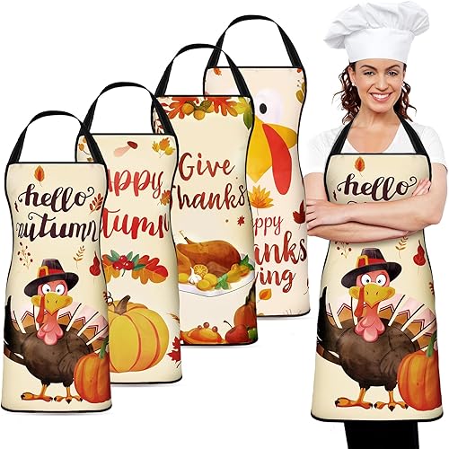 Meanplan Delantal de chef de pavo de Acción de Gracias, 4 piezas, delantal de otoño con cuello ajustable, delantal de calabaza y arce para hombres y
