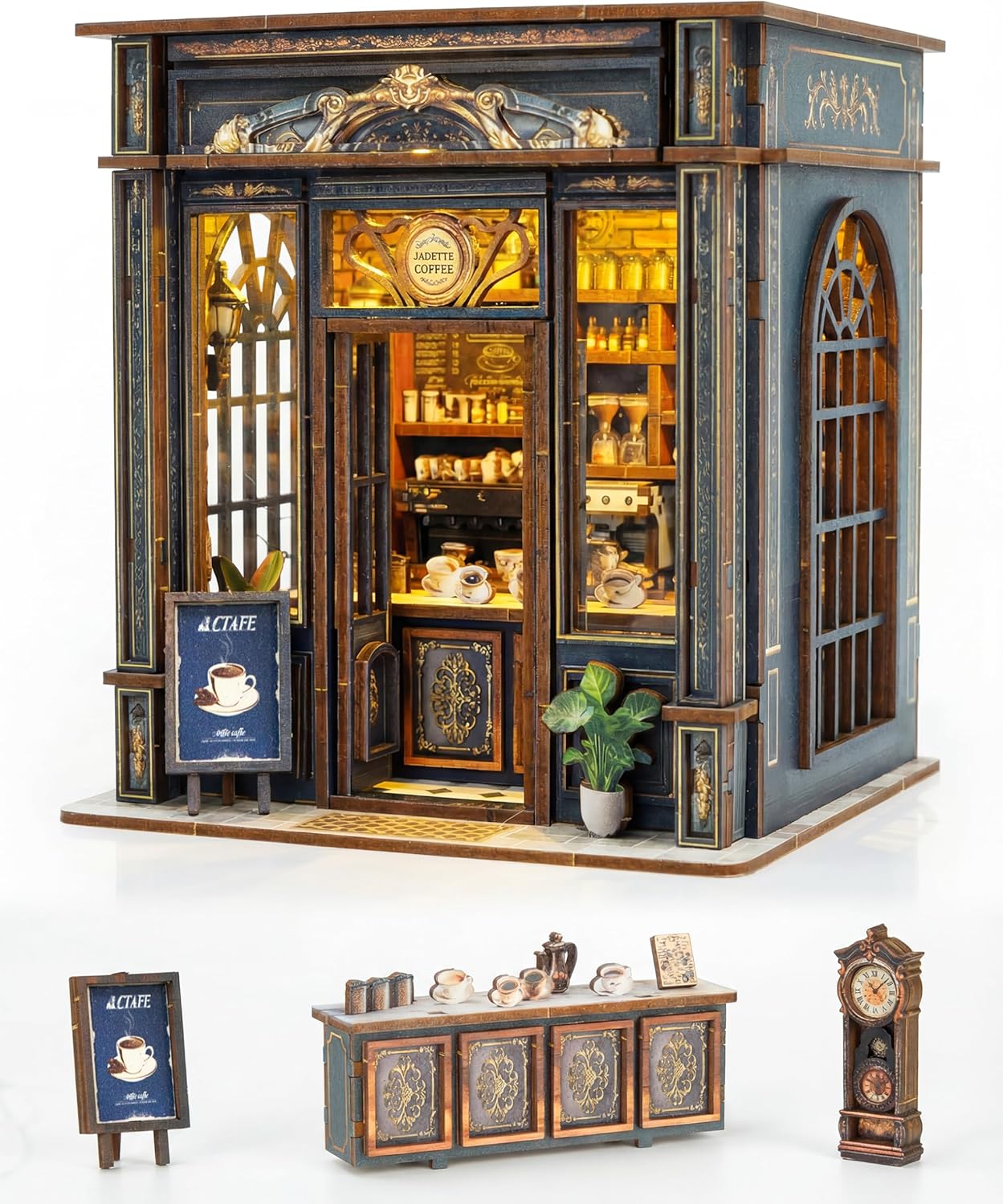 BOOZUU Coffee Shop Book Nook Kit for Adults, DIY Miniature House Kit Bookshelf Insert with Light, 174 Pcs Medieval Cafe Decor Gift for Book Lovers