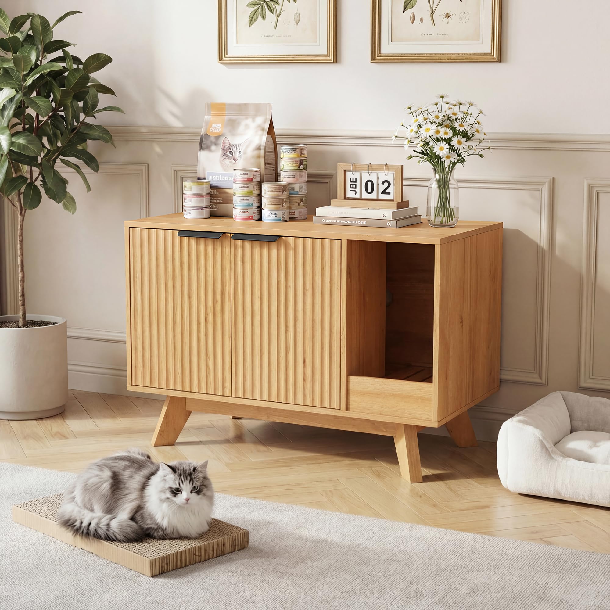 Seang Cat Litter Box Enclosure with Litter Collector,Fluted Hidden Litter Box Furniture with Scratch Pad,31" Wooden Cat Cabinet,Cat House,TV Stand,Side Table for Living Room,Natural