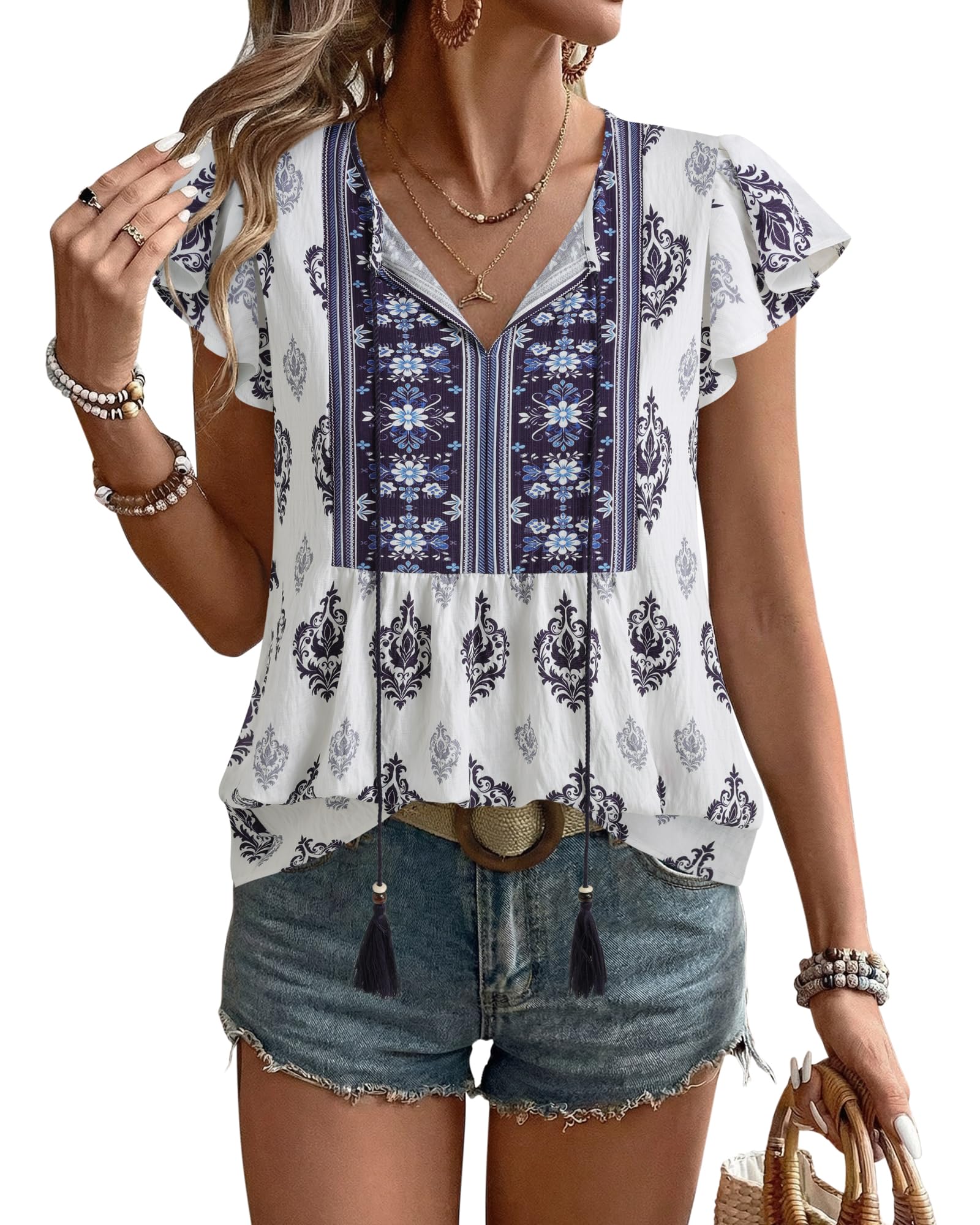 Gaharu Bluse Damen Elegant V-Ausschnitt Blumenmuster Oberteile Kurzarm Sommer Casual Urlaub