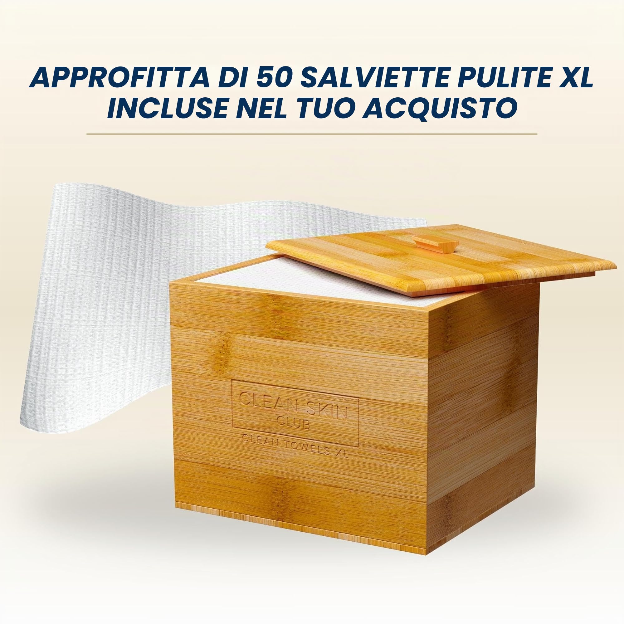 Clean Skin Club Contenitore Luxe Bamboo con coperchio, include 50 asciugamani monouso Clean Towels XL Original