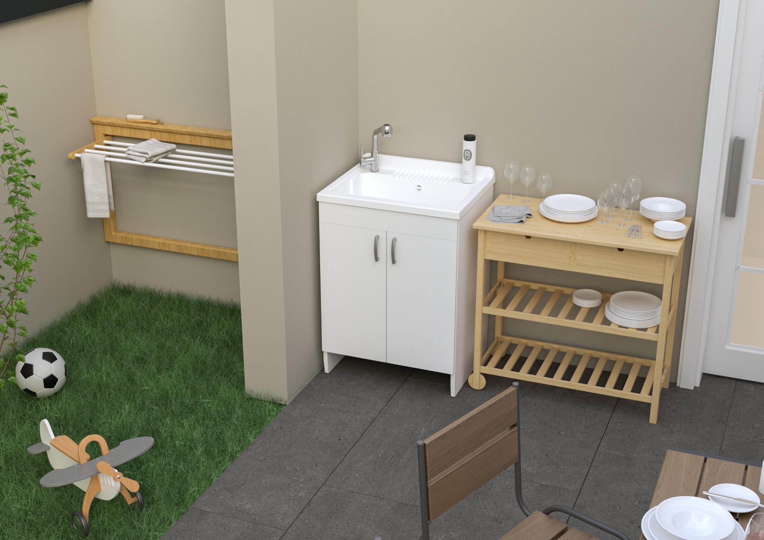 Mobile lavatoio da esterno in legno nobilitato con asse ribaltabile in polipropilene 60x50x85 cm doppia anta e piedini regolabili