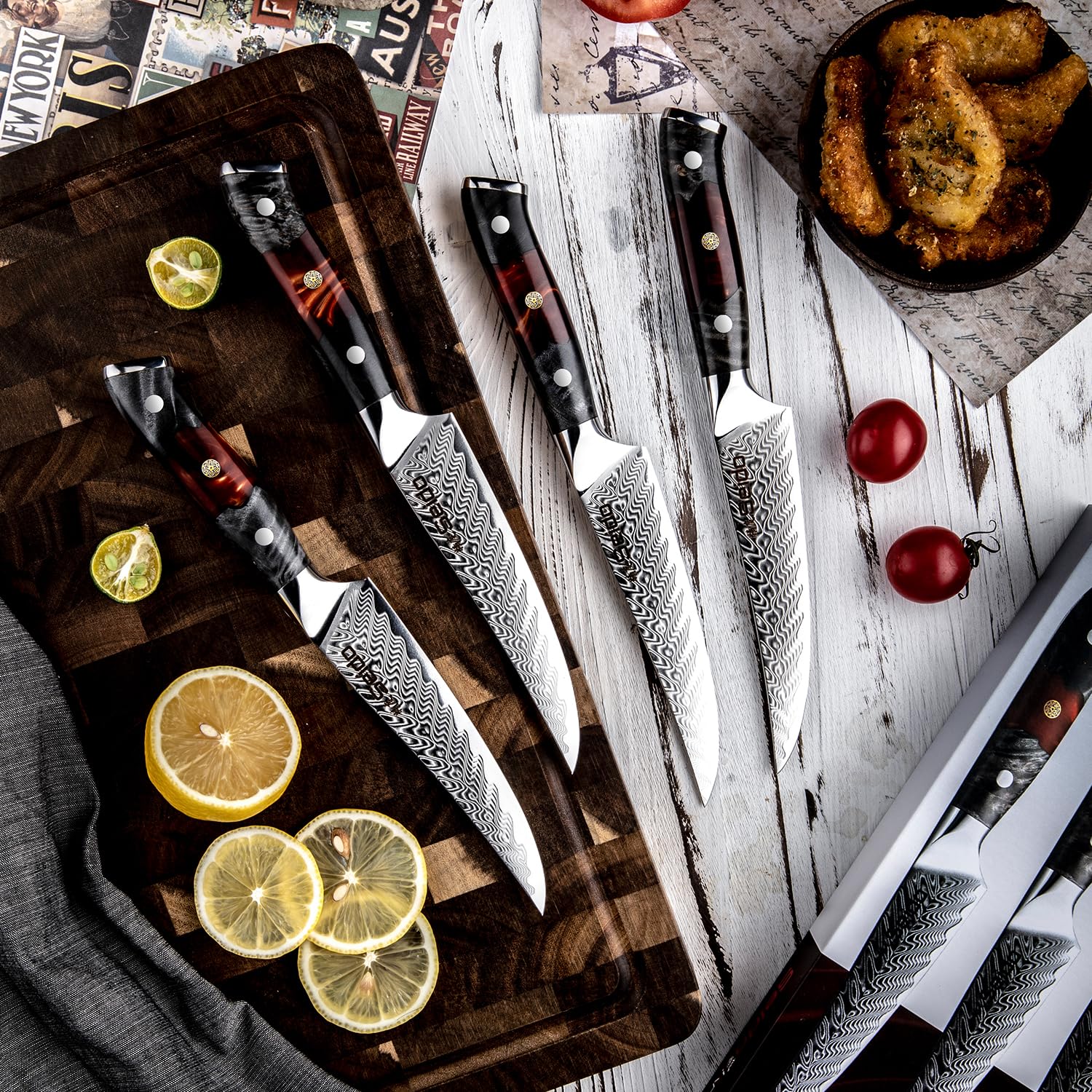 Inferuno 4-Piece Steak Knife Set – 67-Layer AUS-10 Damascus Steel – Red Epoxy Resin and Maple Wood Handles – Knife Japanese Inferuno, Japanese Inferuno Knife, Damascus Knife Set, Japanese Knife Set