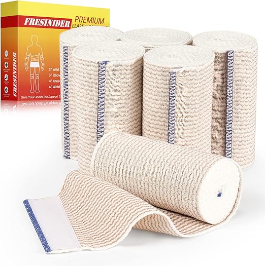 Premium Elastic Bandage Wrap, 6 Pack 4" Cotton Latex Free Compression Bandage Wrap with Touch Closure at Both Ends, Support & First Aid for Sports, Medical, and Injury Recovery