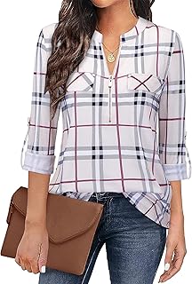 Women's Zip Front V-Neck 3/4 Length Sleeve Womens Tops Business Casual Shirts