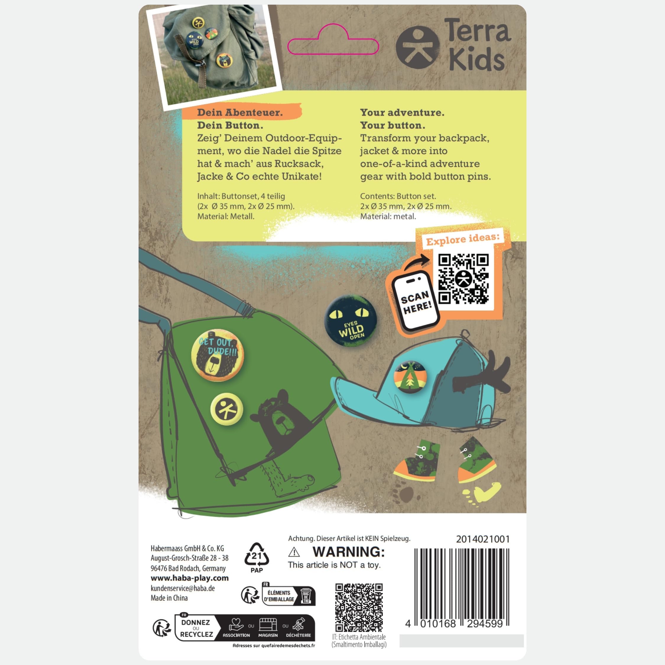 HABA Terra Kids Button Buddies – 4er-Set Ansteckbuttons für Kinder mit coolen Abenteuer-Motiven – robuste Pins für Rucksack, Jacke & Kappe – Geschenk für kleine Entdecker – 2014021001