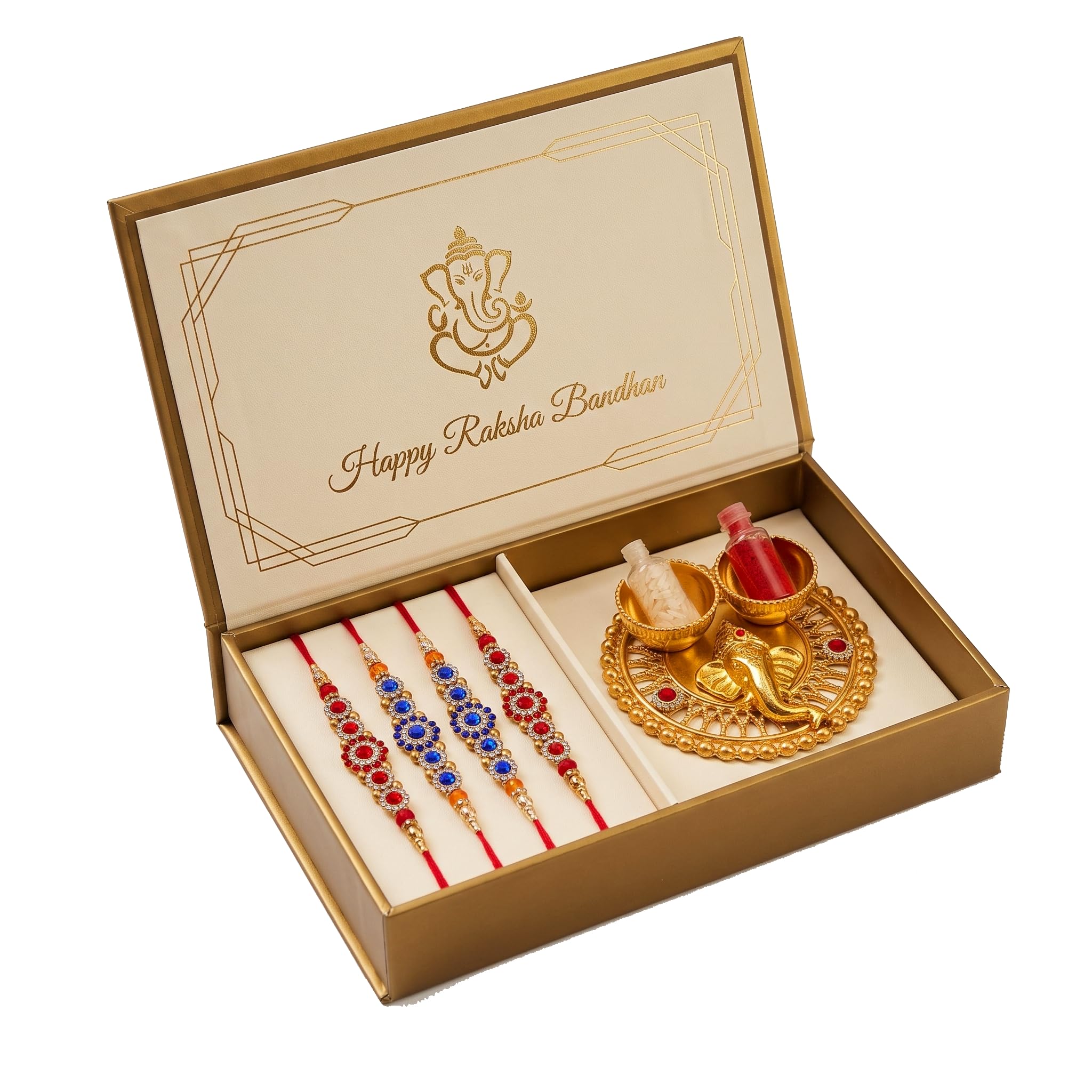 Red Blue Stone Rakhi for Brother, Set of 4 rakhi for Bhaiya, Bhaiya Bhabhi Rakshabandhan Set Combo of 4. With Roli Chawal Plate.01i-image-9