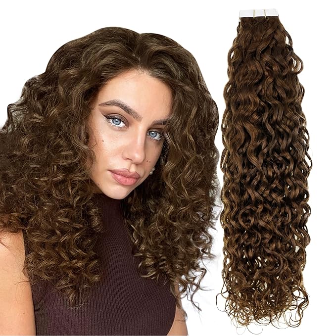 Hetto Brown Tape in Curly Hair Extensions Human Hair Tape