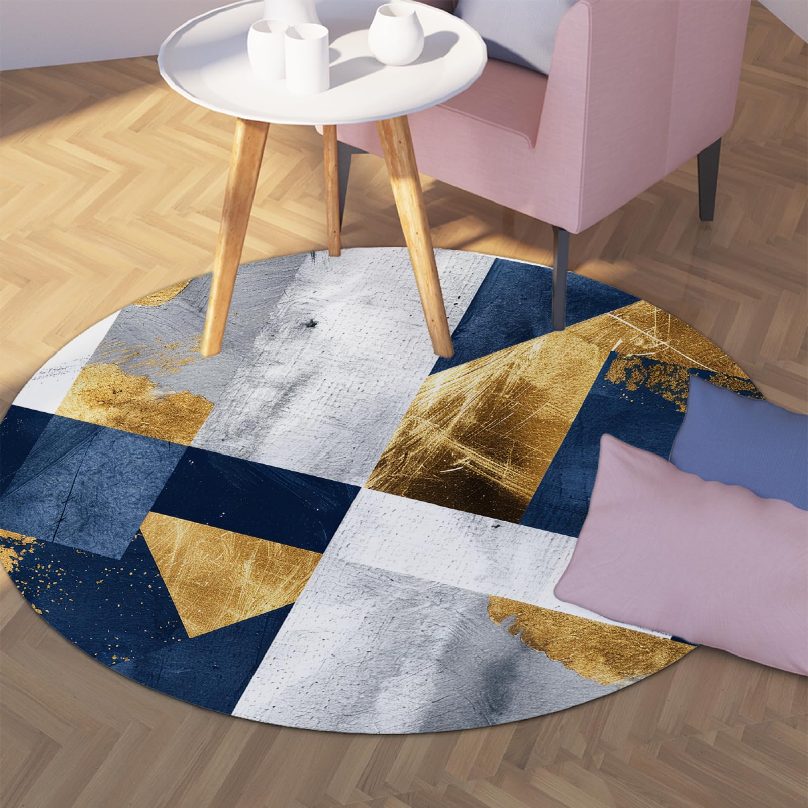 Tapis lavable bleu et or 80cm abstrait chic et facile à entretenir