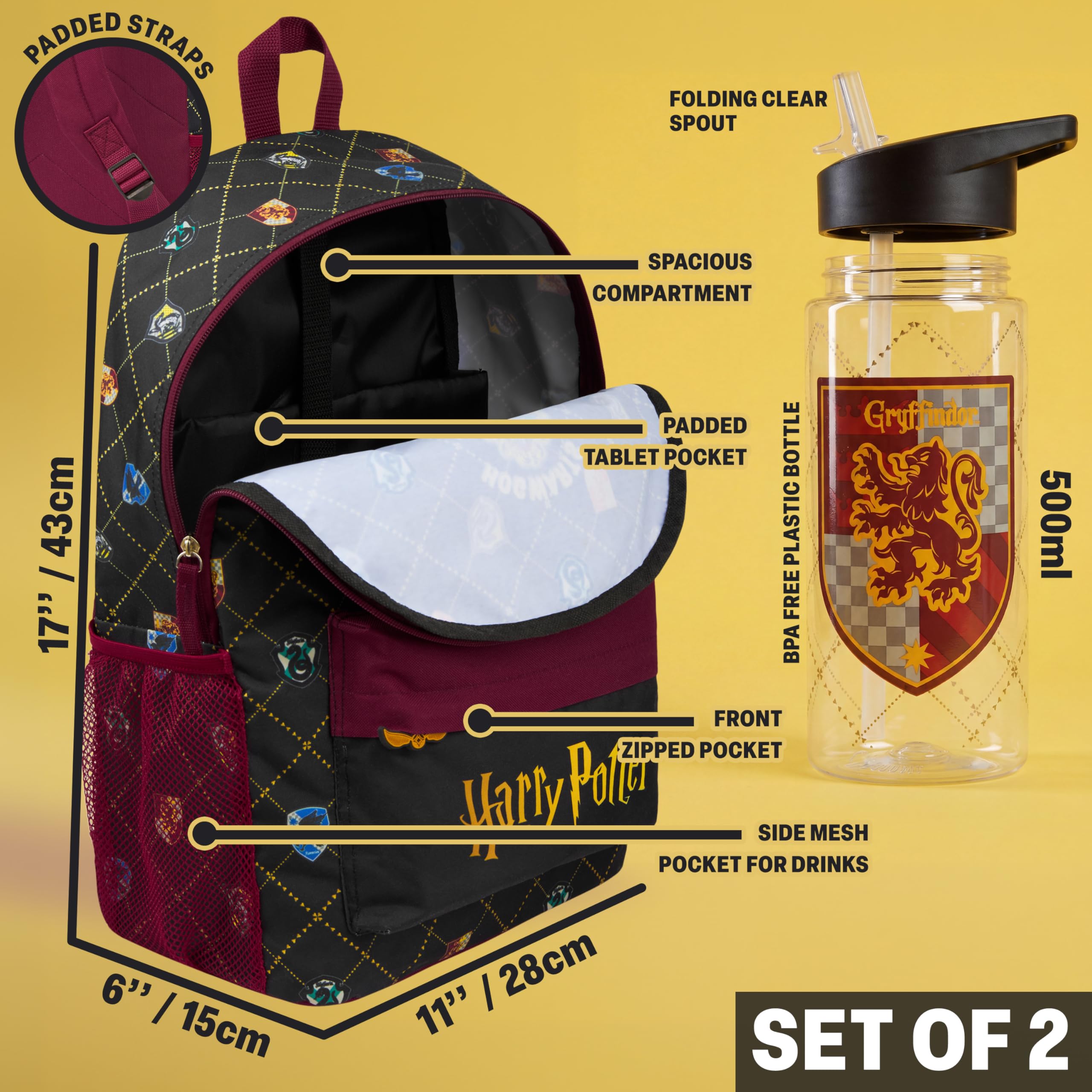 Get Trend Harry Potter Sac a Dos avec Gourde Enfant 500ml, Fermeture Eclair Rembourré Cartable et Gourde