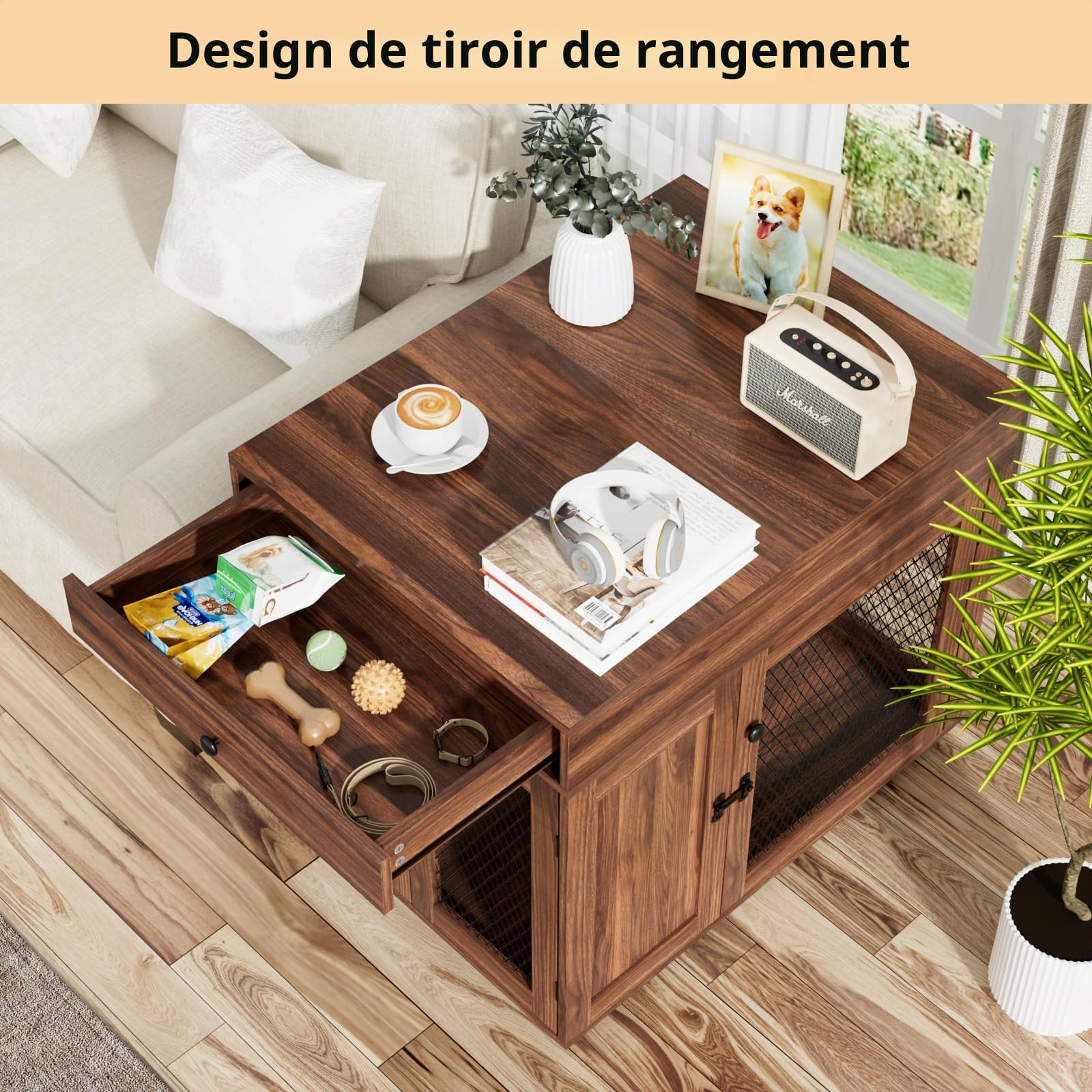 VOWNER Cage pour chien - Meuble d'intérieur - En bois - 3 portes - Avec tiroir - Niche moderne comme table d'appoint - 60 x 80 x 69 cm - Pour les chiens de petite/moyenne taille à la maison de moins