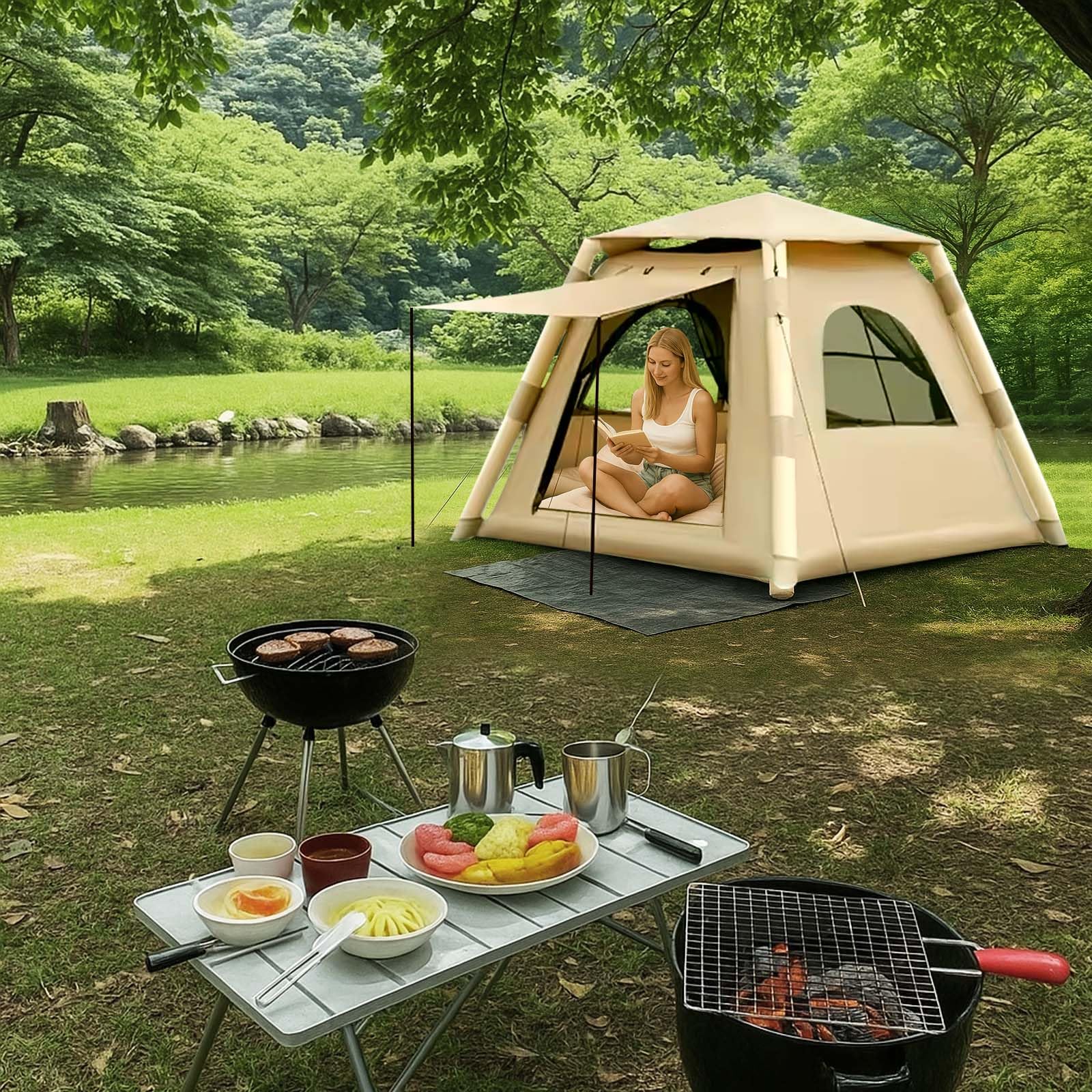 7.2' x 7.2' Inflatable Tents for Camping, Easy Setup Inflatable Tent House,4 Season Blow Up Camping Tent with Pump, Waterproof Sunproof Outdoor