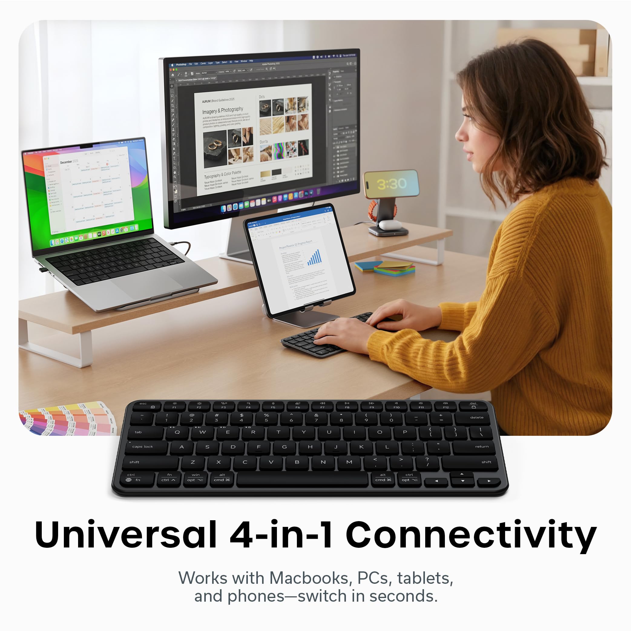 Satechi Slim EX1 Wireless Keyboard, Compact Keyboard for Mac, Windows, Android, Multi-Device 4-in-1 Connectivity (3X Bluetooth + 2.4GHz), Instant OS Remap, USB-C Rechargeable Battery, Space Black — view 2