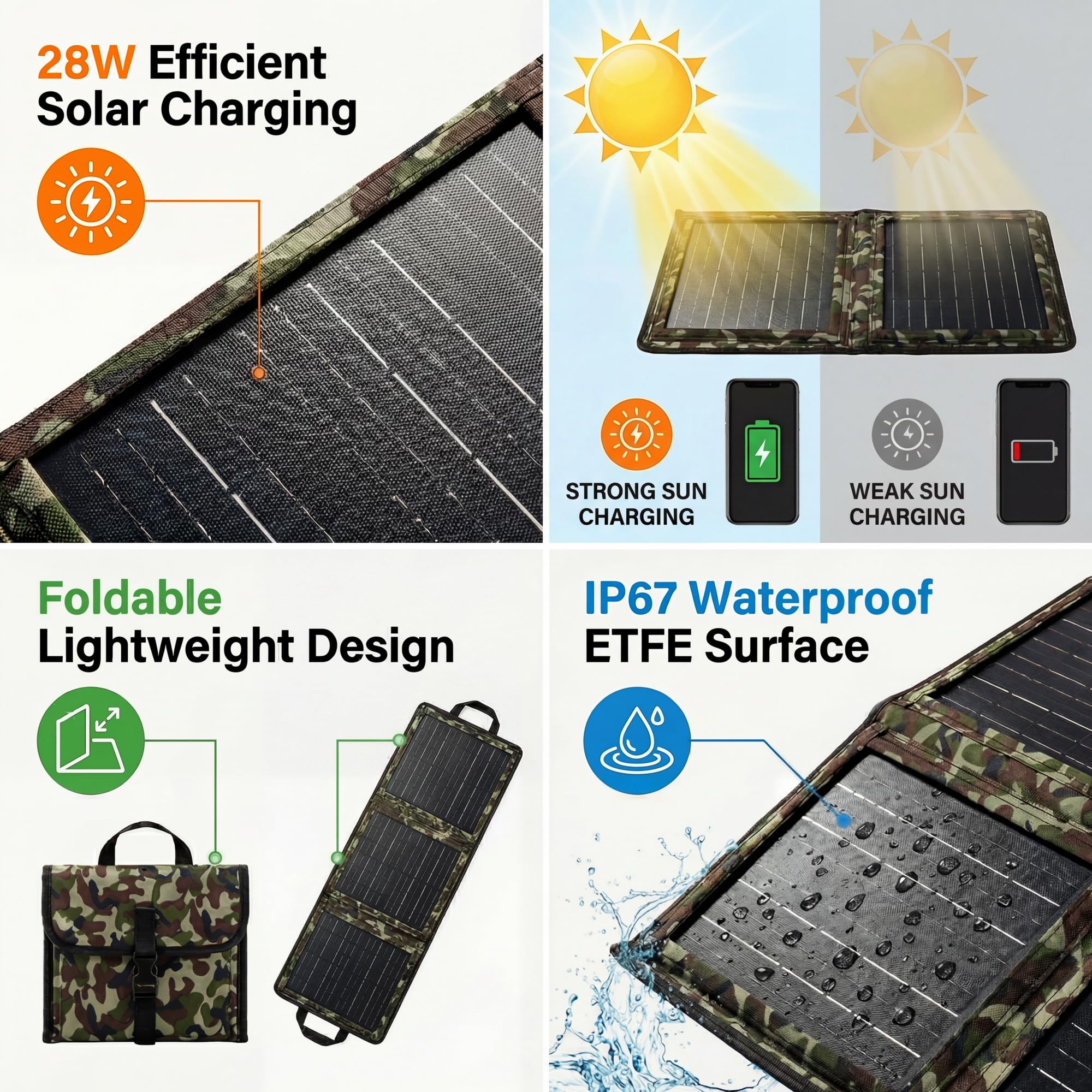 Ulepszony przenośny składany panel słoneczny na kemping, porty USB 28 W ładowarka solarna (5 V/3 A Max), wodoodporność IP44, kompatybilna z iPhone 12/11/XS/XS Max/XR/X/8/7, iPad, Samsung Galaxy LG itp