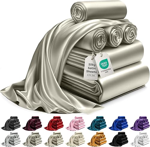 DECOLURE Juego de sábanas de satén de 6 piezas, sábanas de satén de seda genuinas y lujosas, tamaño matrimonial con bolsillo profundo, elegantes