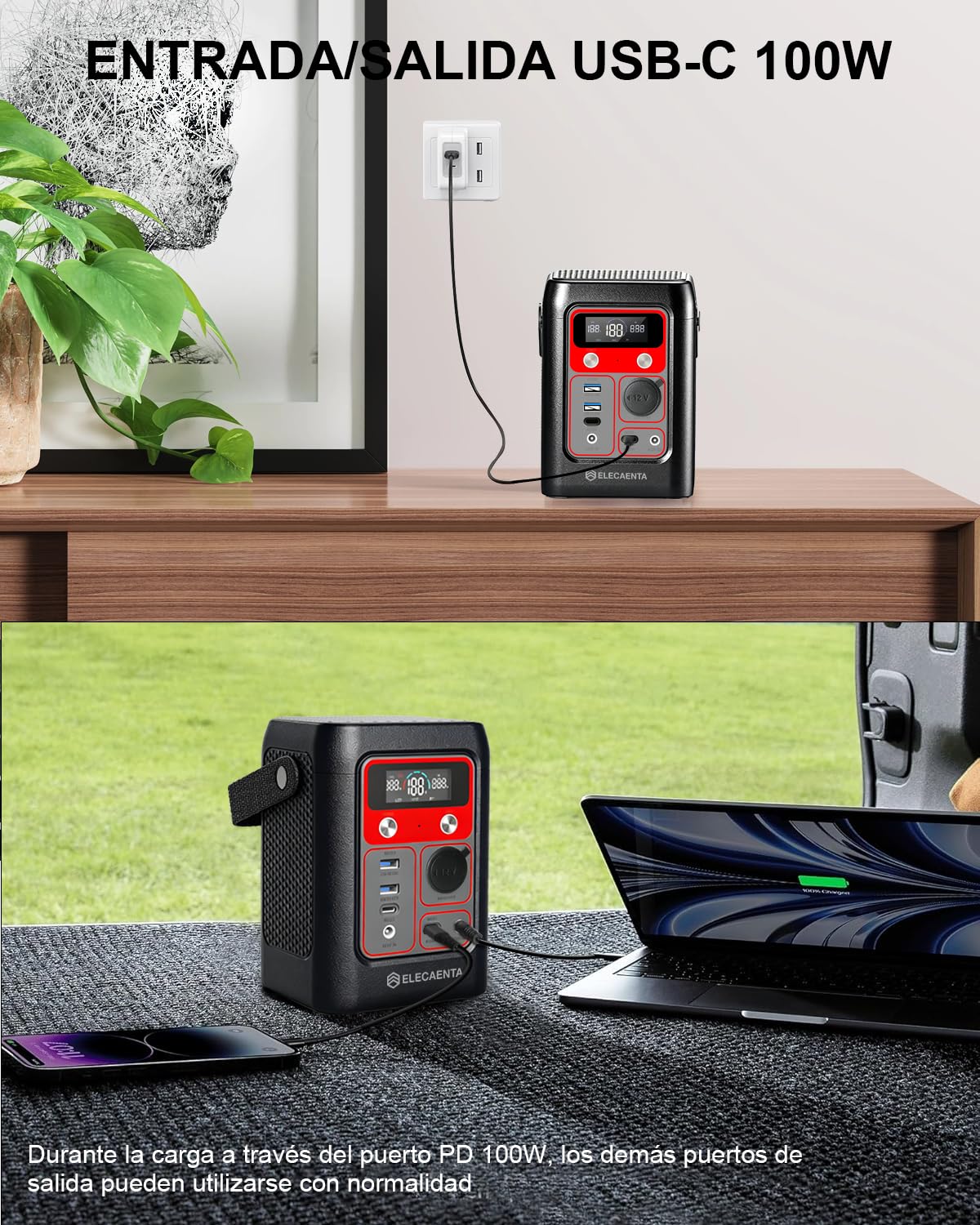 ELECAENTA Estación Energía Portátil 192Wh LiFePO4 210W 6 Puertos USB-C PD | 6 Salidas 210W Totales, Carga Solar/Coche/CA/USB-C PD 100W, LED SOS, LCD, Ligero 1,78kg para Camping Caravana Emergencia