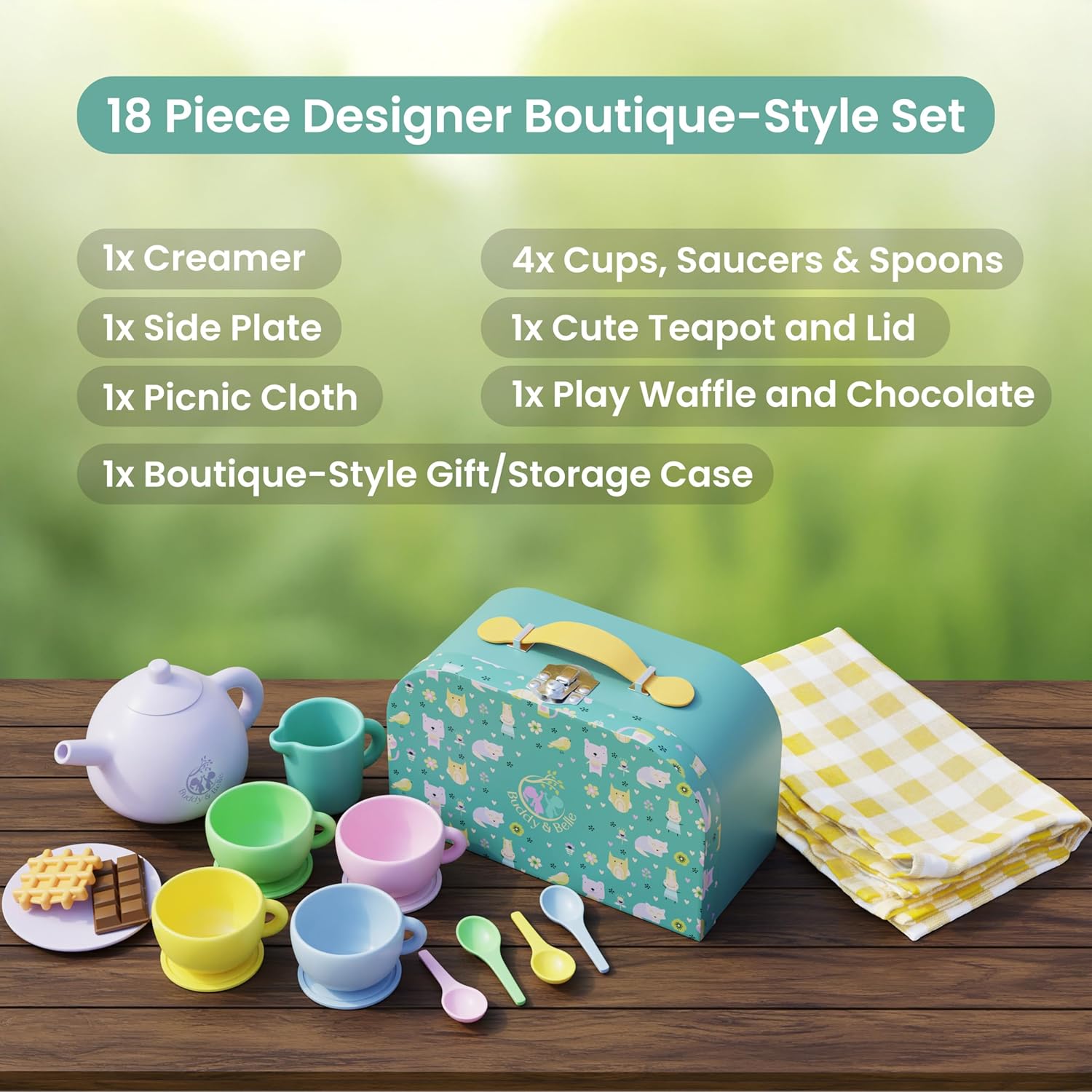 Silicone Tea Set for Toddlers 3-5 – 18 Pc Pretend Play Tea Party Set with Picnic Cloth & Gift Case – BPA-Free, Food-Grade, Dishwasher Safe – Use with Real Liquids