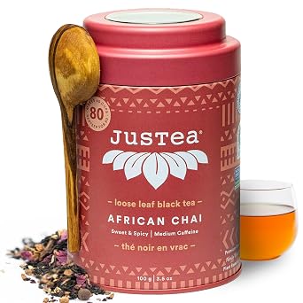 JusTea AFRICAN CHAI | Loose Leaf Black Tea | Tin with Hand Carved Tea Spoon | 40+ Cups 3.5oz | Medium Caffeine | Award-Winning | Fair Trade | Non-GMO