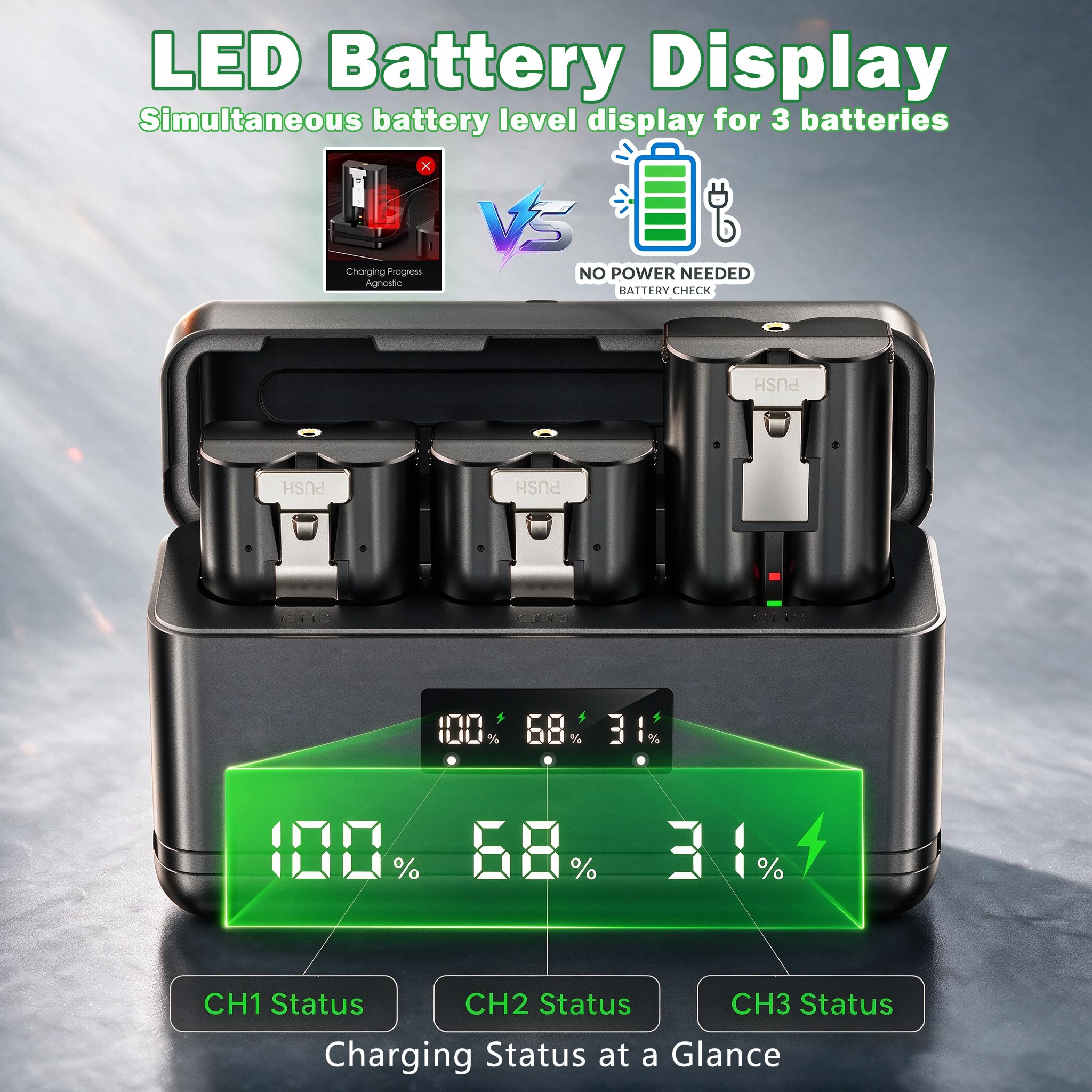 Kit caricabatterie a 3 scomparti, confezione da 2 batterie di ricambio ad alta capacità da 6040 mAh 3,65 V per campanello ad anello, stazione di ricarica con display a LED, per campanello ad anello 2