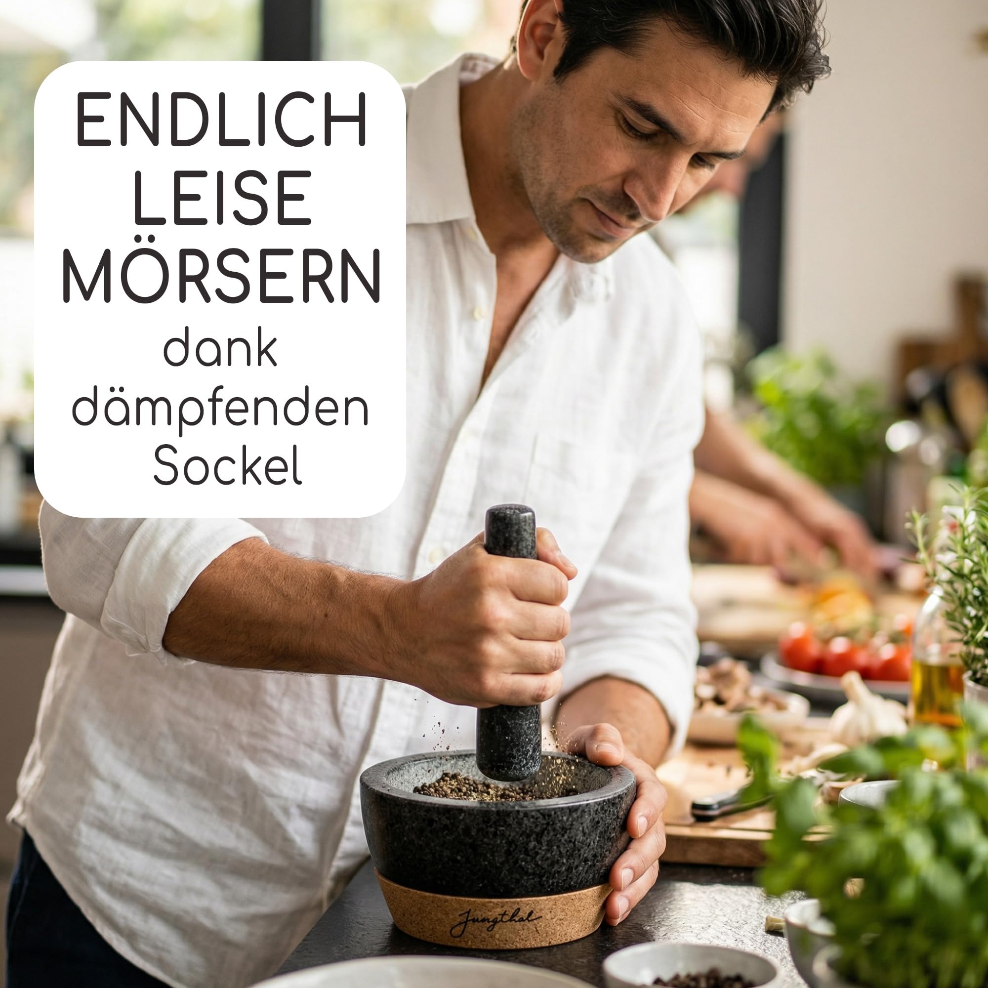 Mörser mit Stößel im Set | Granit + Kork in prämiertem Design | Natürlich, edel und 100% rutschfest | Ø 16 cm groß | Steinmörser für Kräuter und Gewürze | Mortar & Pestle