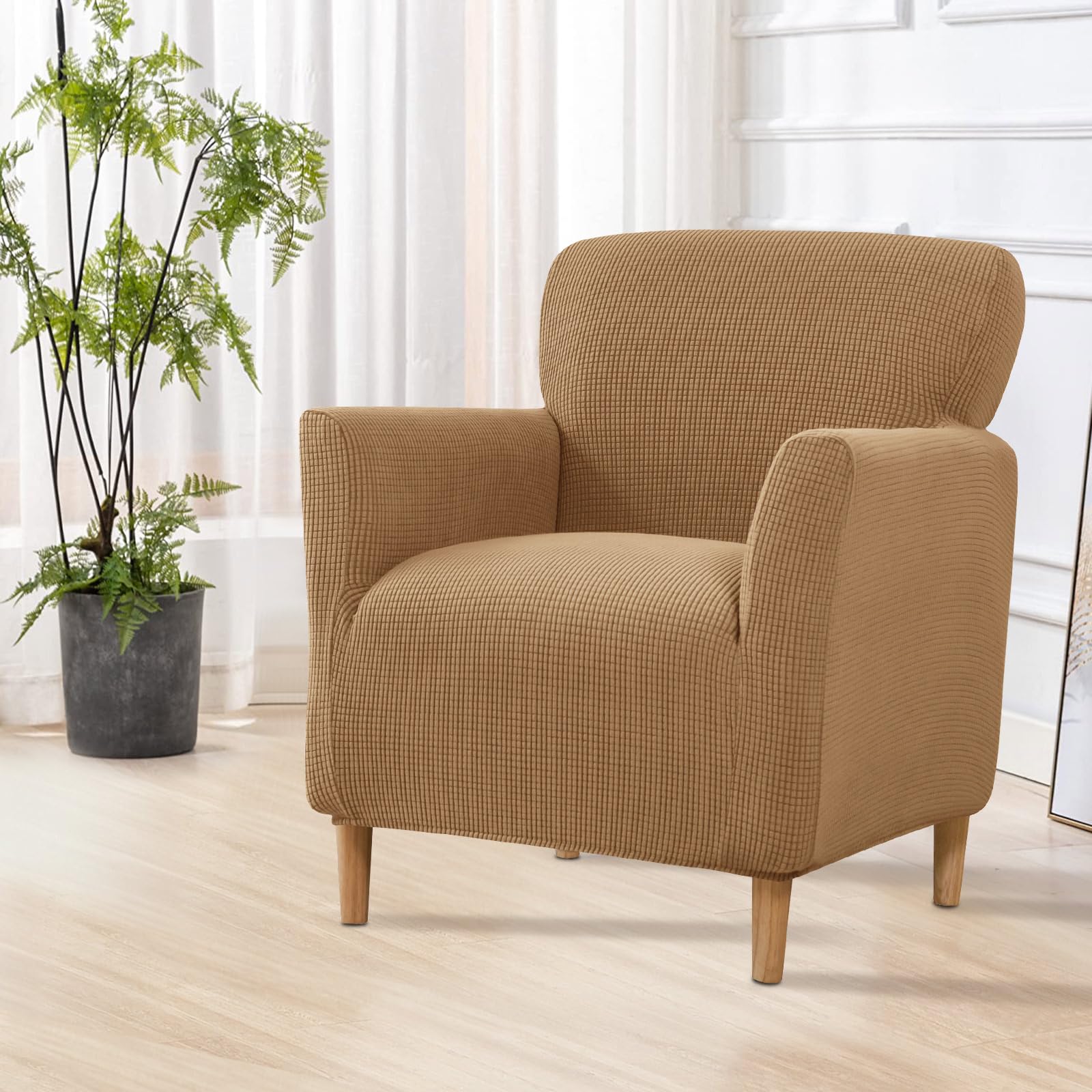 SHANNA Stretch Banquet Armchair Slipcover: Modern Knitted 1Piece Chair Covers Super Soft Non-slip Solid Color Single Couch Covers with Arms,for Dog Pet (Light Brown) โ image 1