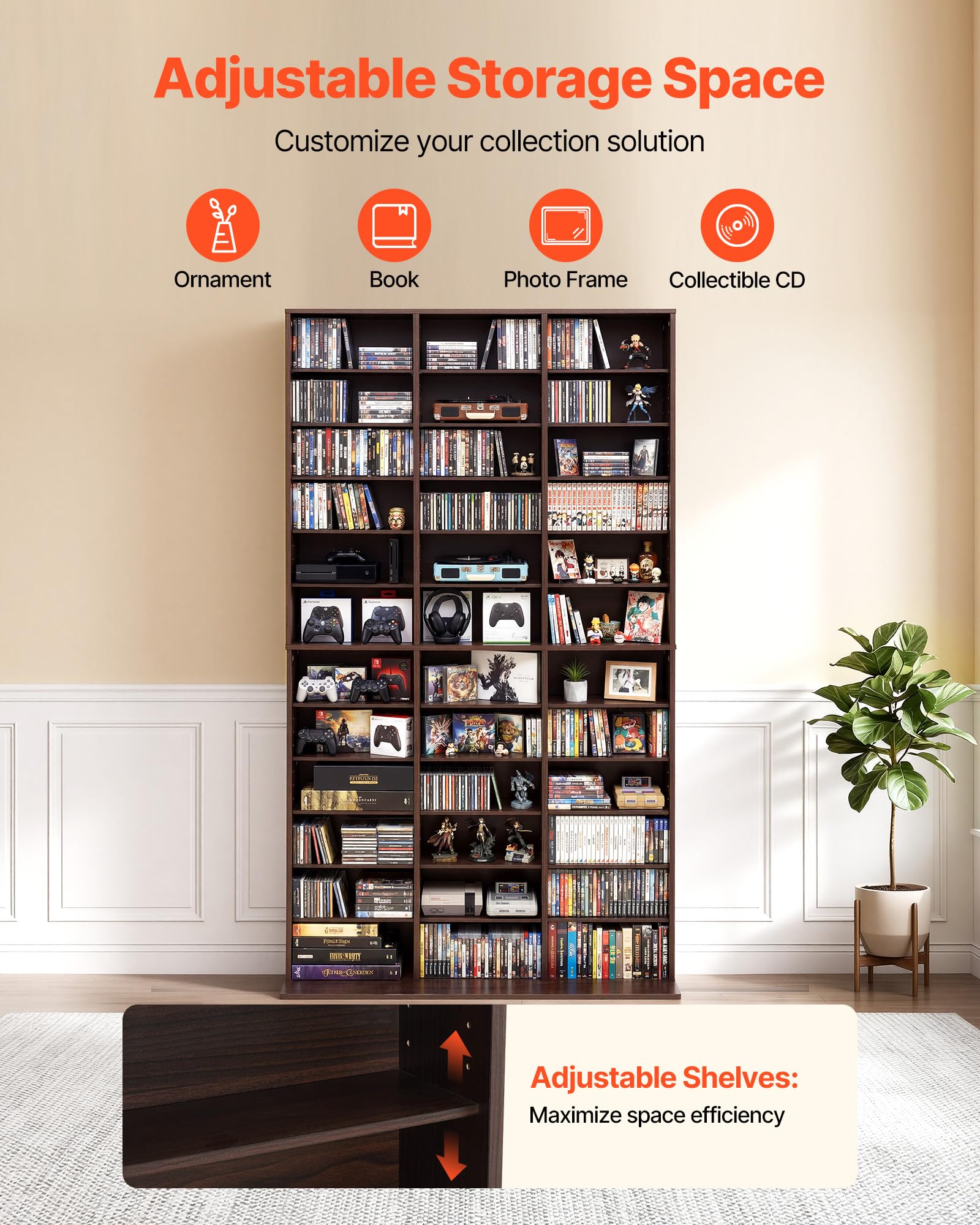 VEVOR Scaffale Porta CD Riviste Libri Giochi 12 Ripiani, Mobile Contenitore Multimediale Libreria per Collezioni Ripiani Regolabile Organizer per Collezionismo Uffcio Soggiorno Salotto Camera da Letto