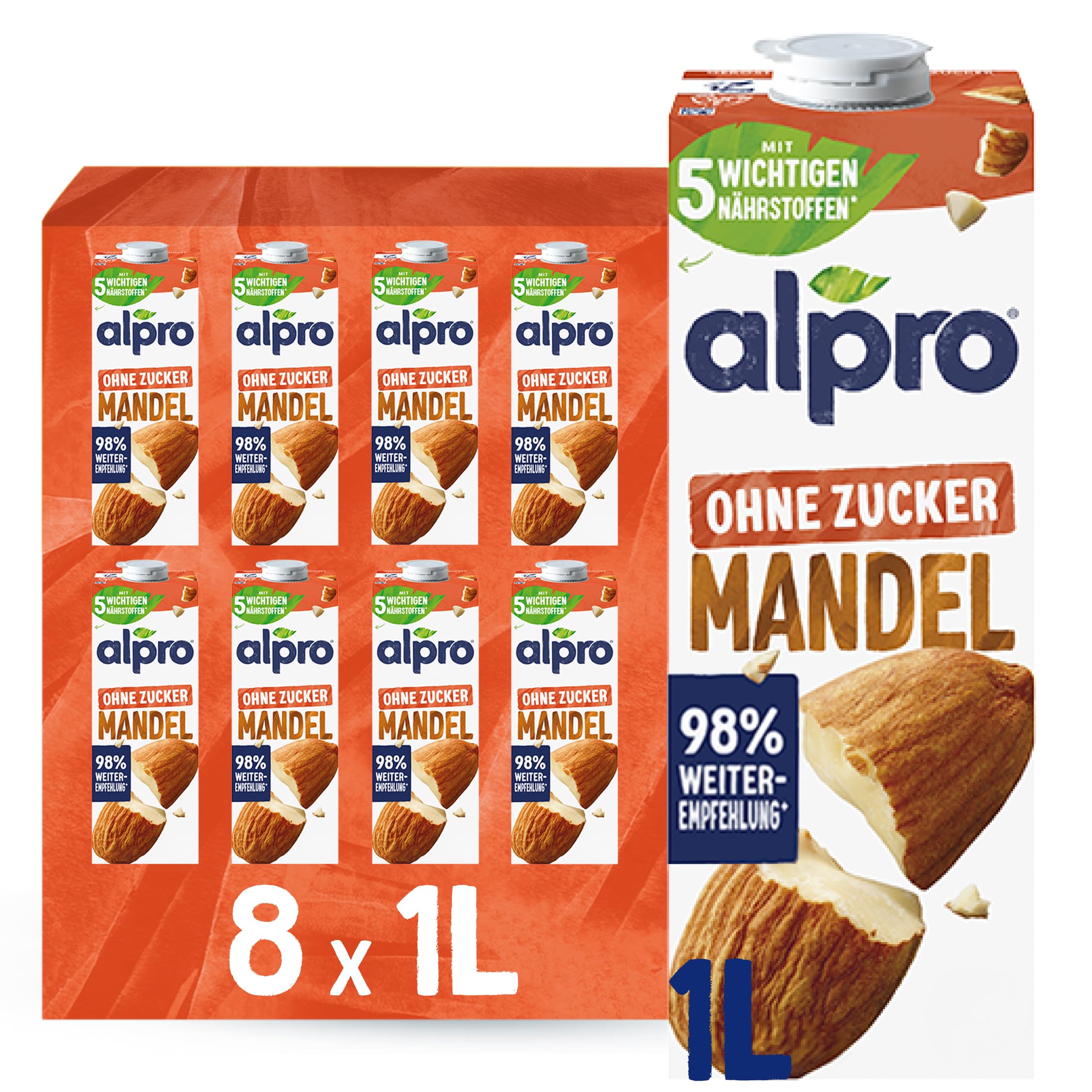Alpro Mandeldrink Ohne Zucker – Quelle von Calcium und Vitaminen – Zuckerfrei, glutenfrei, fettarm, ohne Laktose, vegan und milchfrei – 8 x 1 L – Haltbar