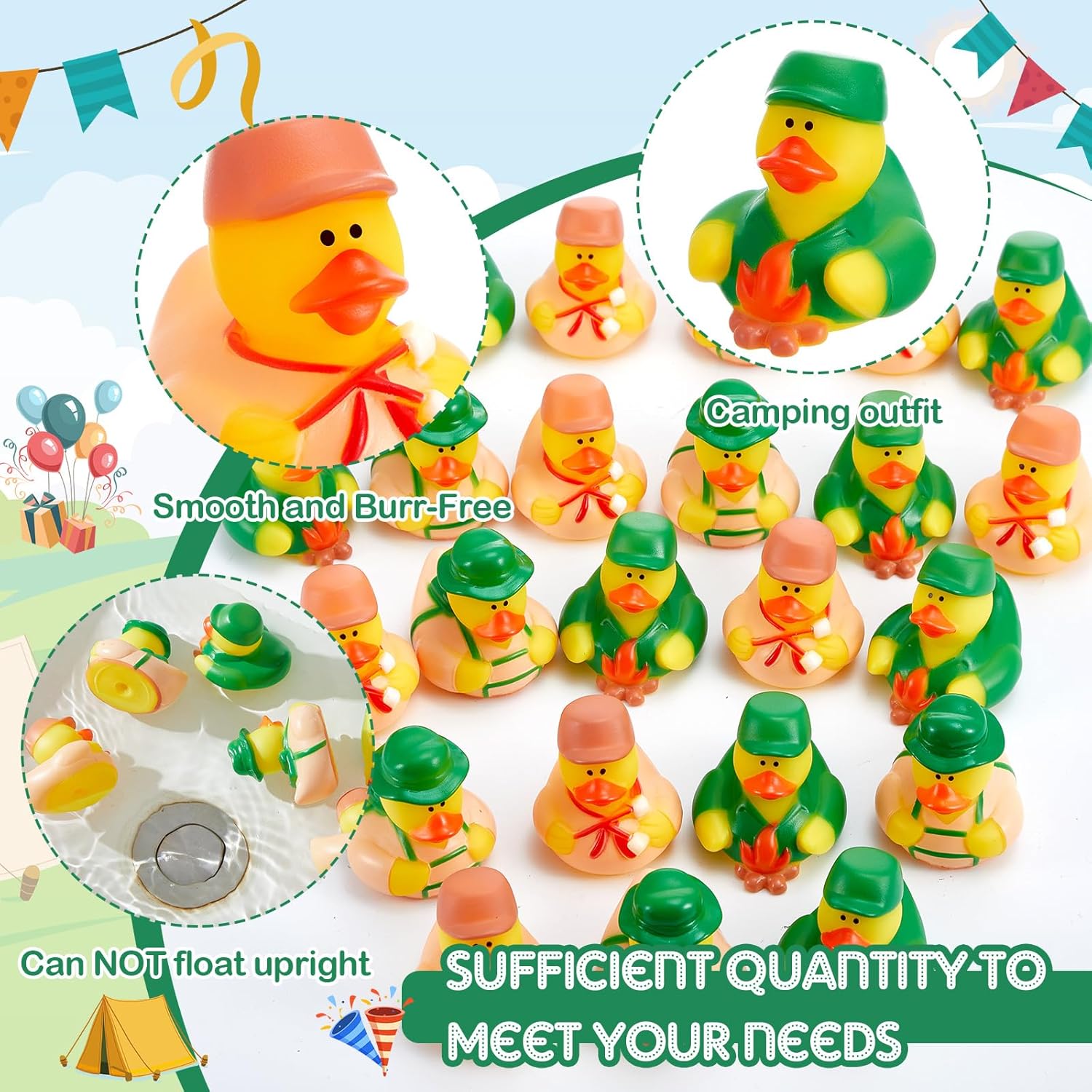 48 Pcs Camp Rubber Duck Bulk Summer Vacation Party Favors 2 Inch Rubber Ducks Gifts for Camping Adventure Theme Birthday Party Decoration