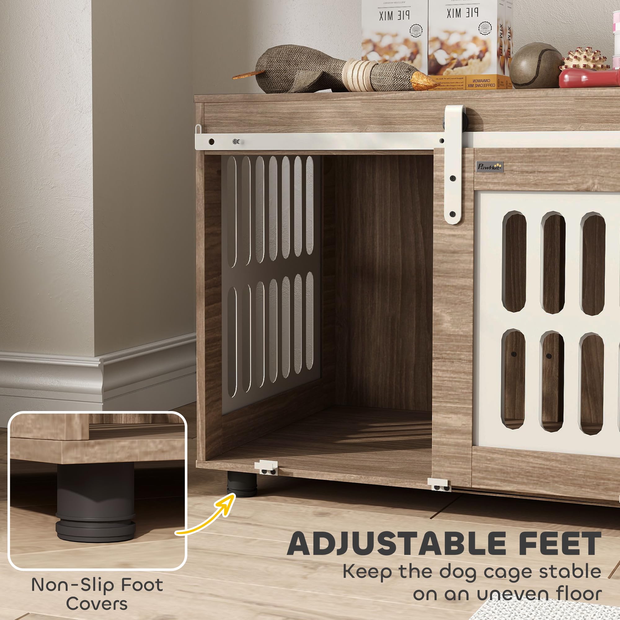 PawHut Jaula para Perros con Puerta corredera, caseta para Perros de tamaño Mediano, Buena ventilación, Mesa Lateral con Patas Ajustables, 80 x 59 x 63 cm, Nogal
