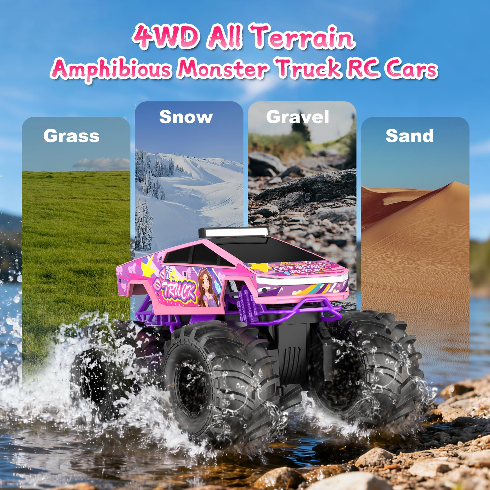 Amphibious Remote Control Car, 1:18 Pink Monster Truck Toys for Girls RC Cars, 2.4 GHz Waterproof RC Trucks, 4WD All Terrain Off-Road Pickup, Girls Christmas Birthday Gifts Presents Kids Toys Ages 6+
