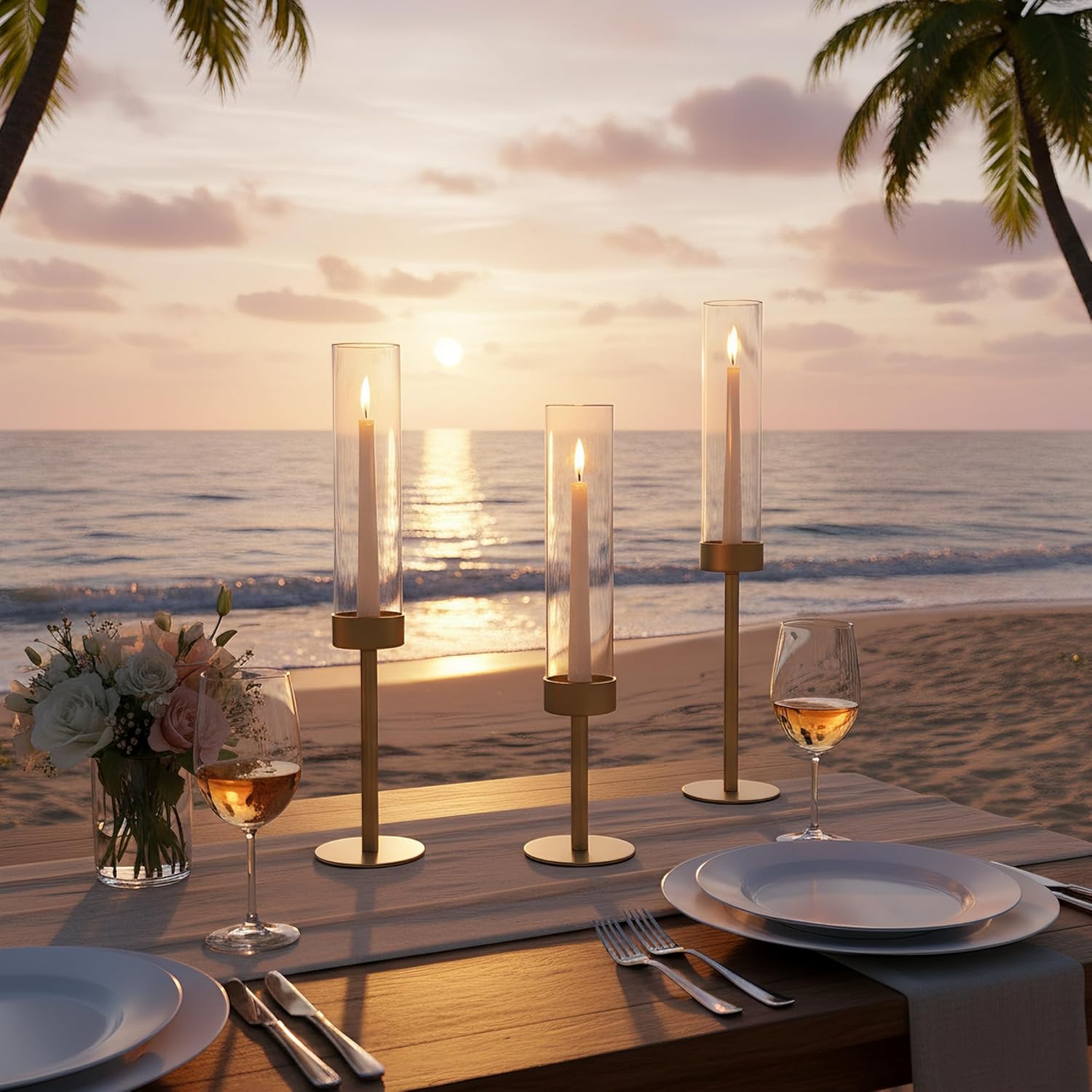 Hurricane Candle Holders Set of 3, Matte Gold Metal Taper Candlestick Holders with Clear Glass Chimney Cylinder Tubes, Tall Candle Stands for Wedding, Christmas, Dining Table Centerpiece Decor - Image 9