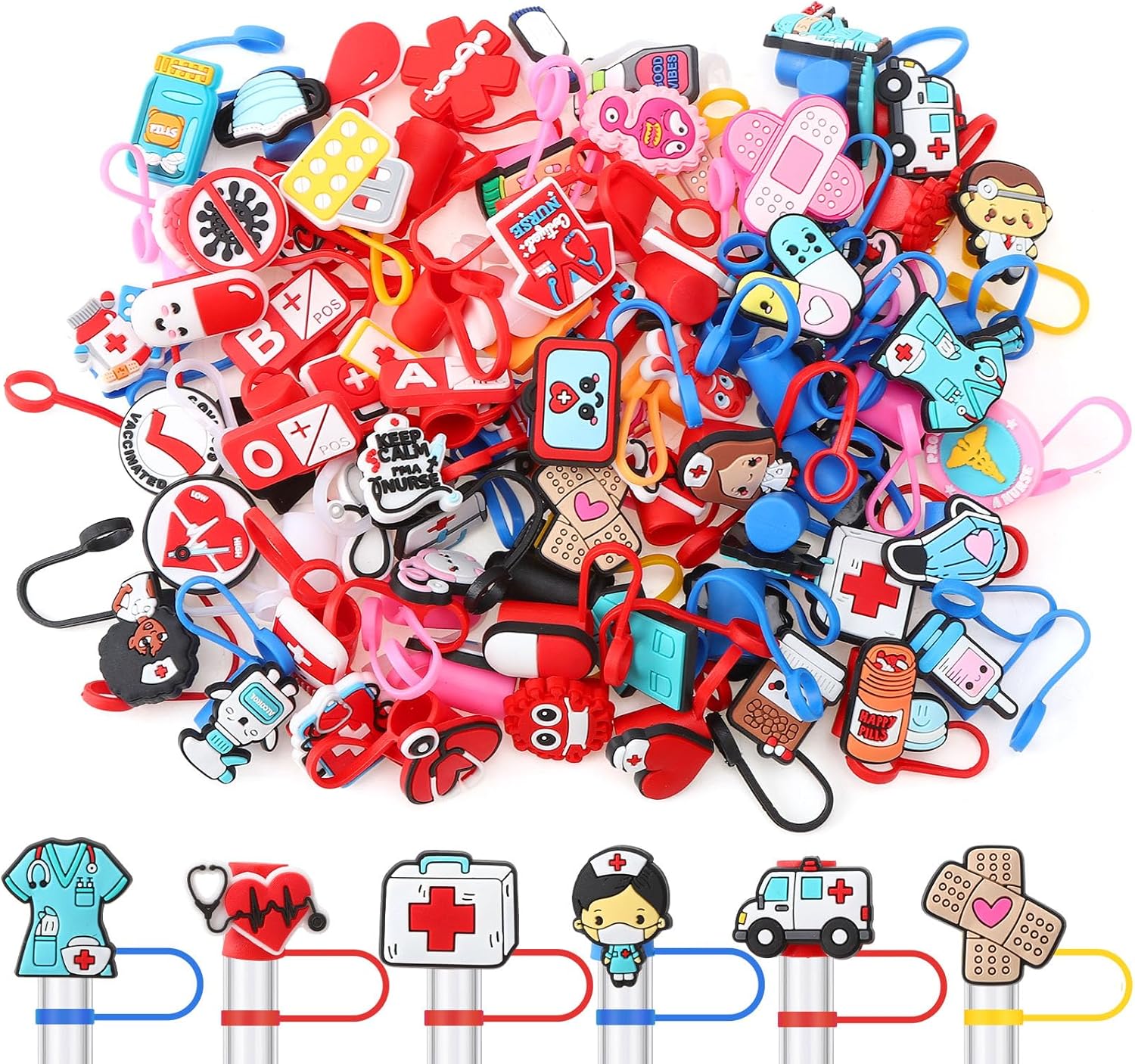 75 Pcs Nurses Straw Cover Caps Compatible with Stanley Cup, Silicone Cute Reusable Straw Toppers for Cups 30&40 Oz Tumbler Accessories 10mm