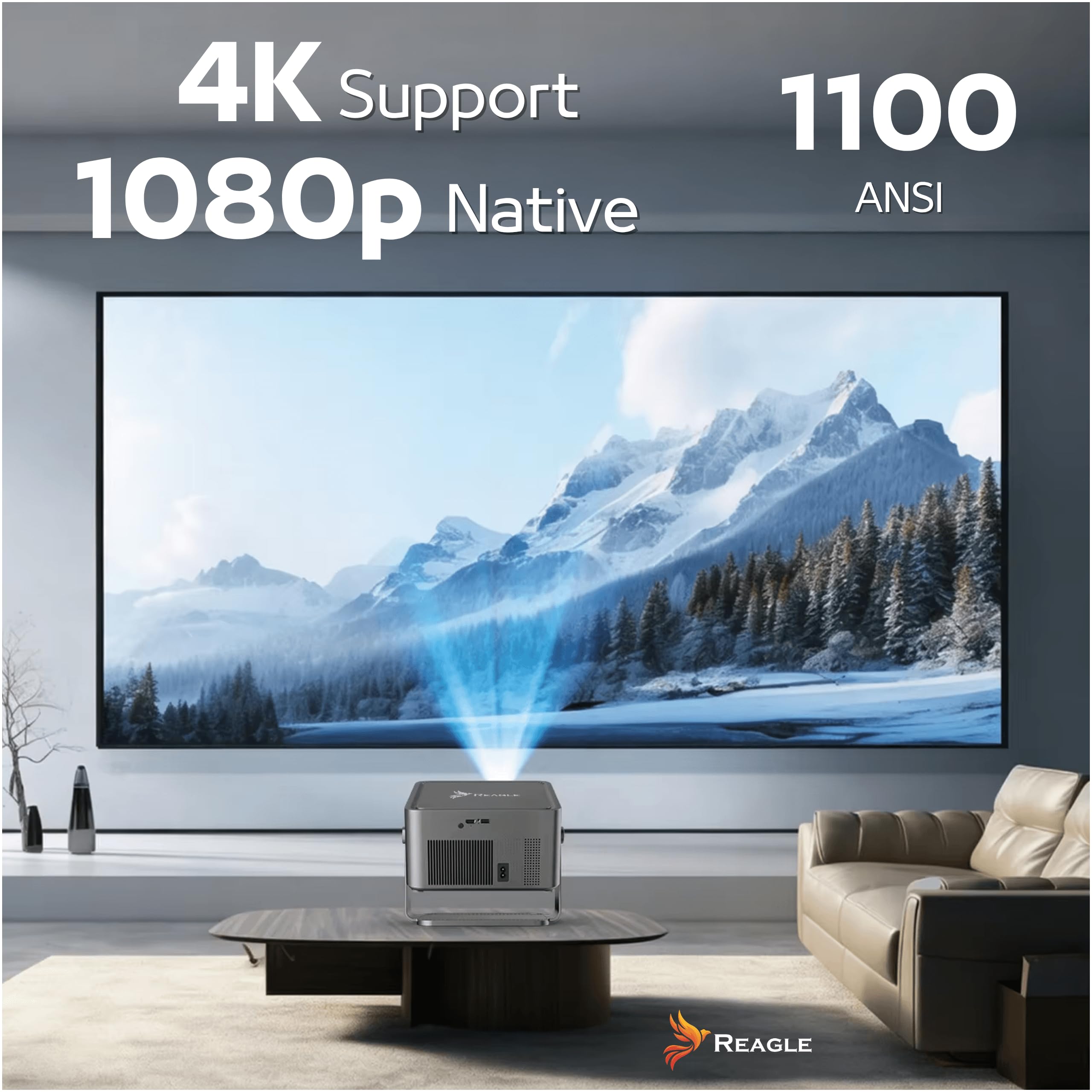 Reagle R-MOVIELUM-P70 Proiettore con Google TV Full HD 1080p 4K Upscaling 1100 ANSI LED 140 Pollici Wi-Fi 5 Bluetooth 5.1 Autofocus Keystone HDMI USB Girevole 180° Home Cinema