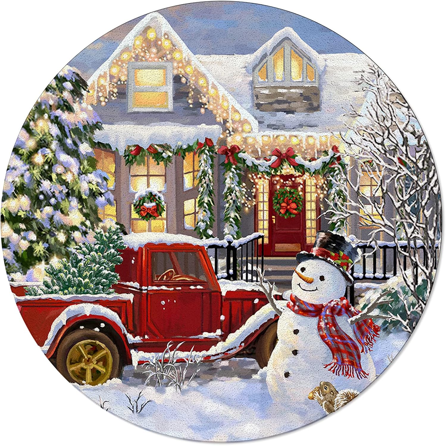 Christmas Snowman Round Area Rugs 5 ft Diameter Indoor Mats Farmhouse Happy New Year Red Truck Snowflake Xmas Tree Soft Living Room Bedroom Unique Carpet Woman Yoga Mat Home Decor