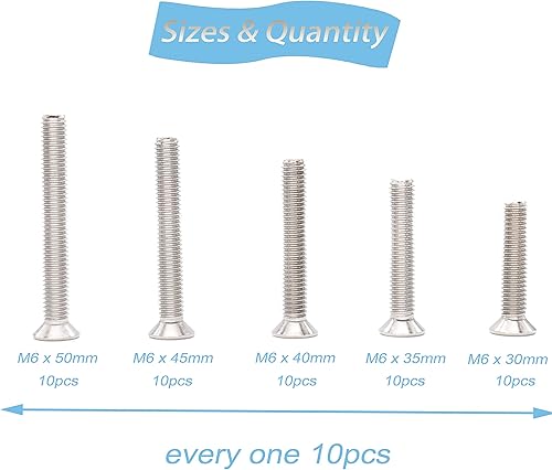 Miniatura 2 de binifiMux Juego surtido de 50 tornillos Phillips M6 de cabeza plana, acero inoxidable 304, M6x30mm 1.378 in 1.575 in 1.772 in 1.969 in  1.969 in