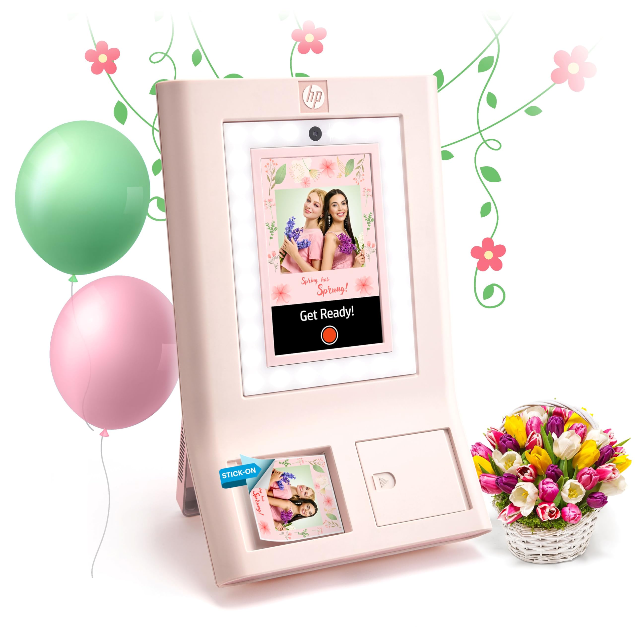 HP Sprocket Photobooth Photo Printer 3x4" (Pink) - 250+ Frames, Print on Zinc Paper, Wi-Fi, LED Ring Light, Touch Screen & App