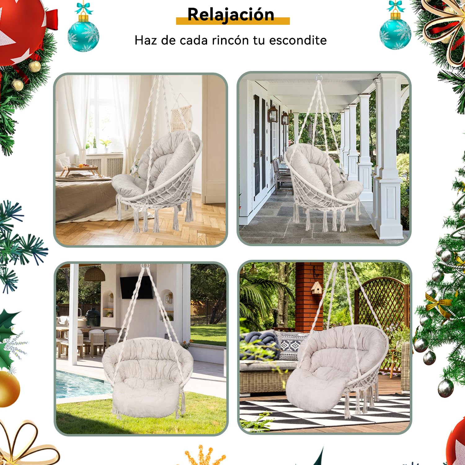 Bathonly Silla Colgante, hasta 150 Kg, Hamaca Algodón con Conjines, Mecedora Macramé, Hecha a Mano con Kit de Suspensión, Bohemio, Jardín, Interior y Exterior, Beige