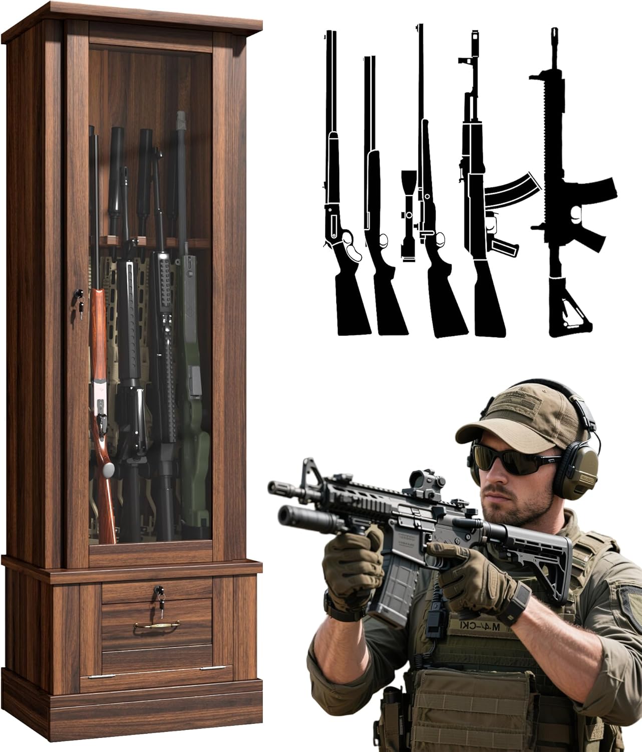 kepptory Gun Safe for 10 Long Rifles and Pistols, Gun Cabinet for Rifle with Mechanical Lock, Espresso Wood Gun Cabinet for Bedroom, Living Room, Easy Assembly