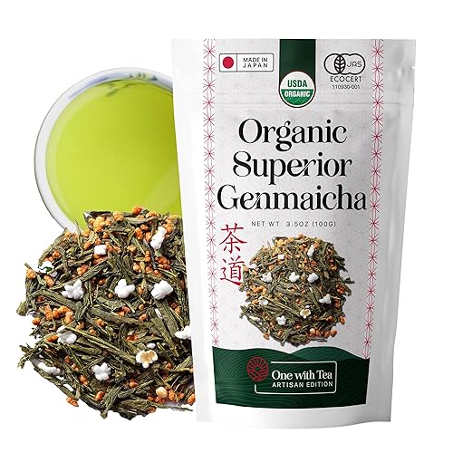 One With Tea Té verde orgánico japonés Genmaicha Hoja suelta  Sencha de hoja entera premium con arroz integral tostado, orgánico USDA, sabor a nuez