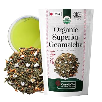 One With Tea Organic Japanese Genmaicha Green Tea Loose Leaf Premium Whole Leaf Sencha with Roasted Brown Rice, USDA Organic, Nutty & Smooth Flavor, Traditional Japanese Tea