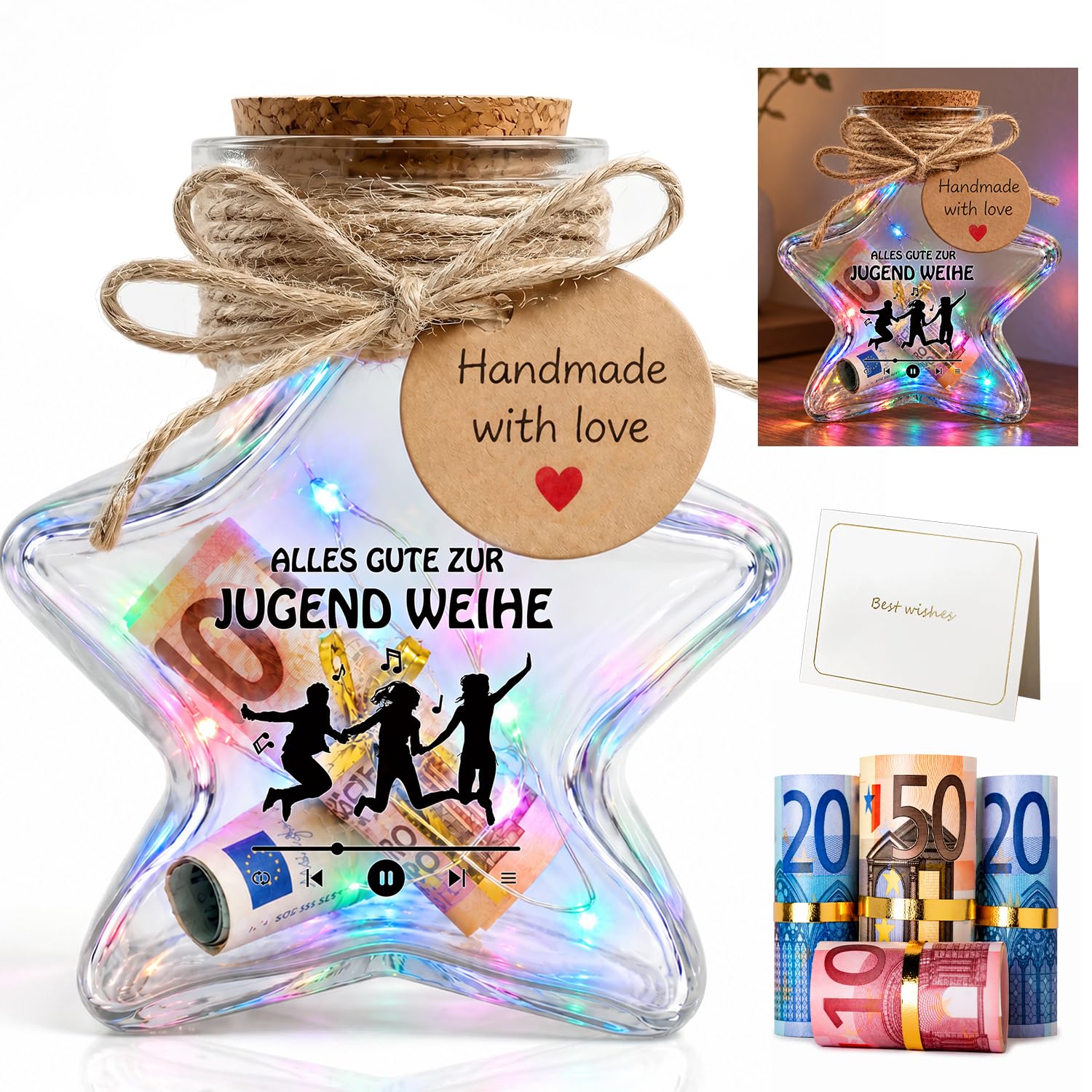 Shuniu Jugendweihe Geschenke, Sternförmige LED Glas Kreatives Geldgeschenk | Sternförmige LED Glasflasche mit Lichterkette, kreatives Geldgeschenk & Dekoration für Mädchen & Junge