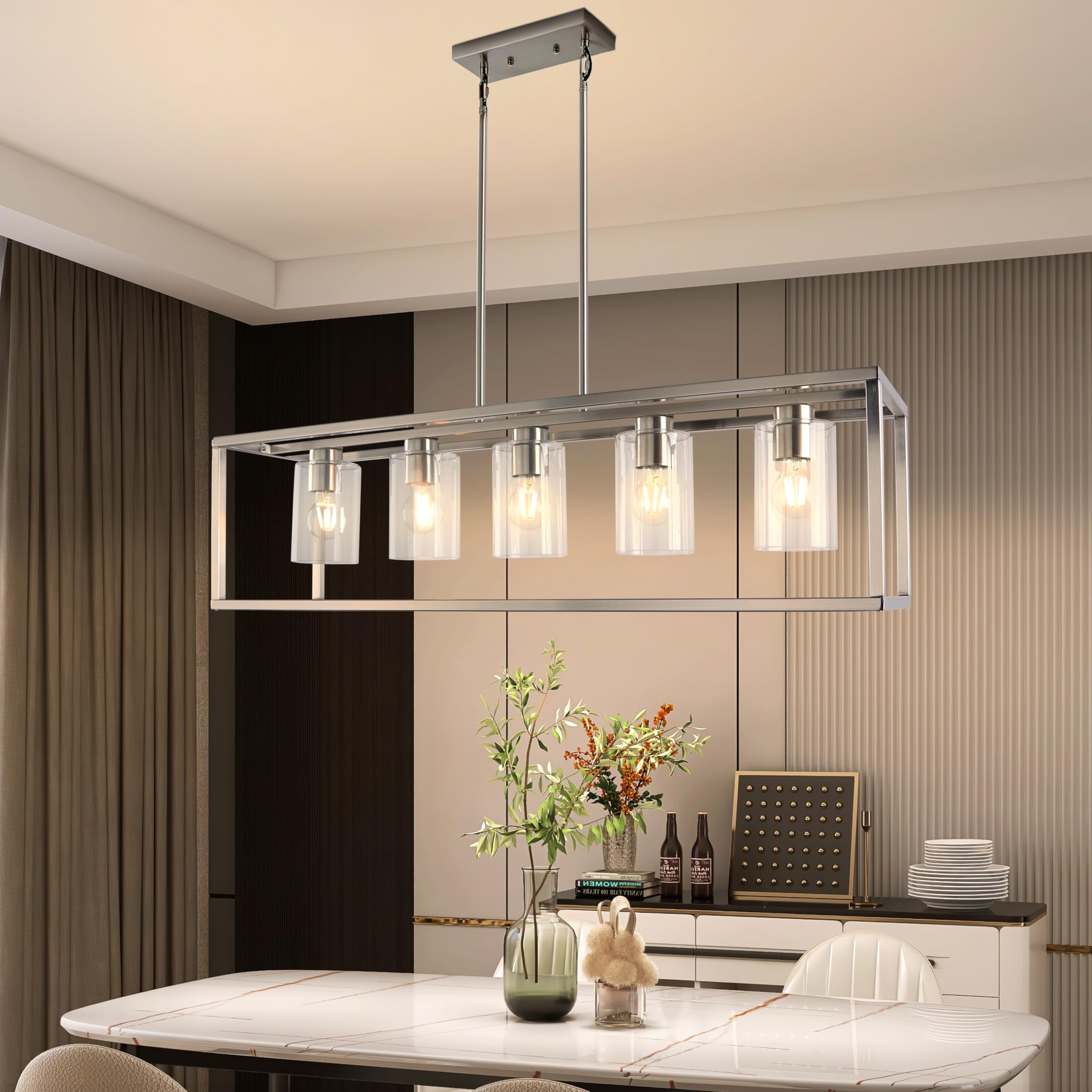 Chandeliers for Dining Room, 5 Light Dining Room Light Fixture Modern Metal Industrial Kitchen Lighting Fixtures Ceiling Easy Installation Kalium Pendant Lights for Bar Restaurant-E26 Socket,Sliver