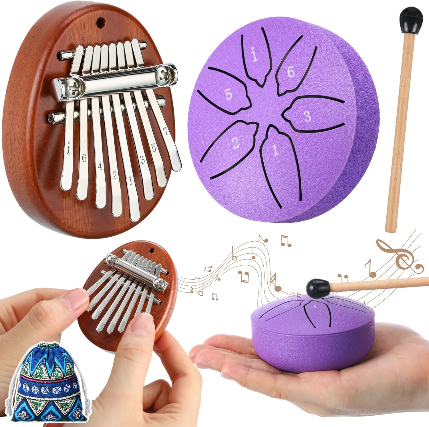 2 Pcs Mini Musical Instruments Mini Hand Kalimba and Rain Drum with Drumstick 8 Keys Finger Thumb Piano and 6 Notes Steel Tongue Drum Percussion Gift for Valentines Adult Beginners(Purple)