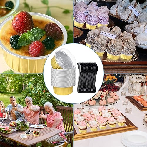 Miniatura 3 de Juego de 200 moldes para magdalenas de 4.2 fl oz con tapas y cucharas, 100 moldes reutilizables de papel de aluminio de 5 onzas, 100 mini cucharas