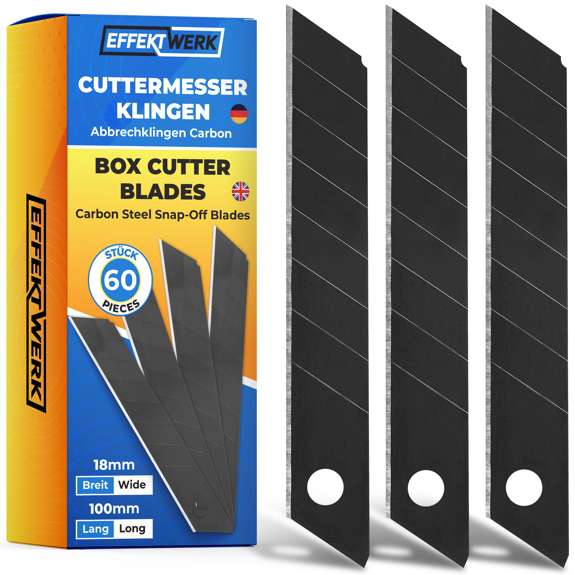 Box Cutter Blades (Black, 60 Pack), Replacement Blades for Utility Knives 18mm, Heavy Duty Carbon Steel Snap Blades