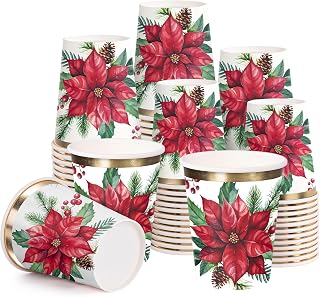 WRAPAHOLIC 50 Pcs Christmas Paper Cups - 9 oz Christmas Poinsettia Disposable Cups, Holiday Party Supplies for Juice Coffee Hot Cold Beverage Drink