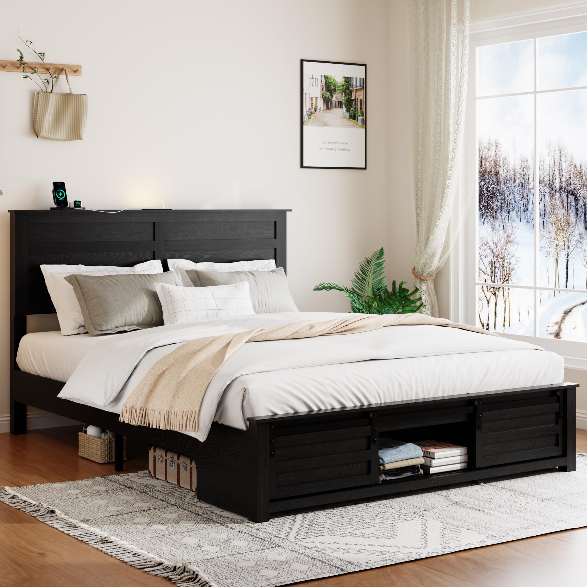 SAMTRA Wooden Full Size Bed Frame with Headboard, Classic Black Farmhouse Storage Bedframe with Sliding Barn Door Footboard and Charging Station, Wood