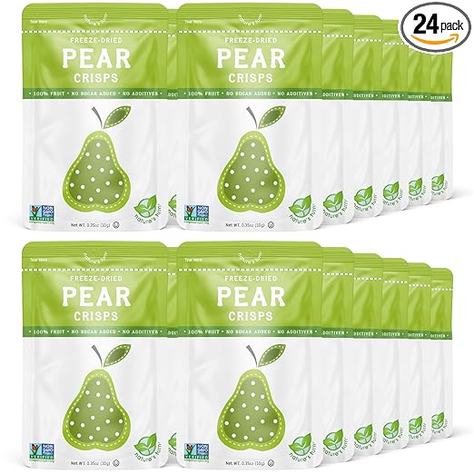 Nature’s Turn Freeze-Dried Pear Crisps – Healthy, Gluten-Free, Crispy & Delicious, Plant-Based Snack, Ideal for Cereal, Smoothies, School Lunches, & On-the-Go, Bags of 24 (0.35 oz Each)